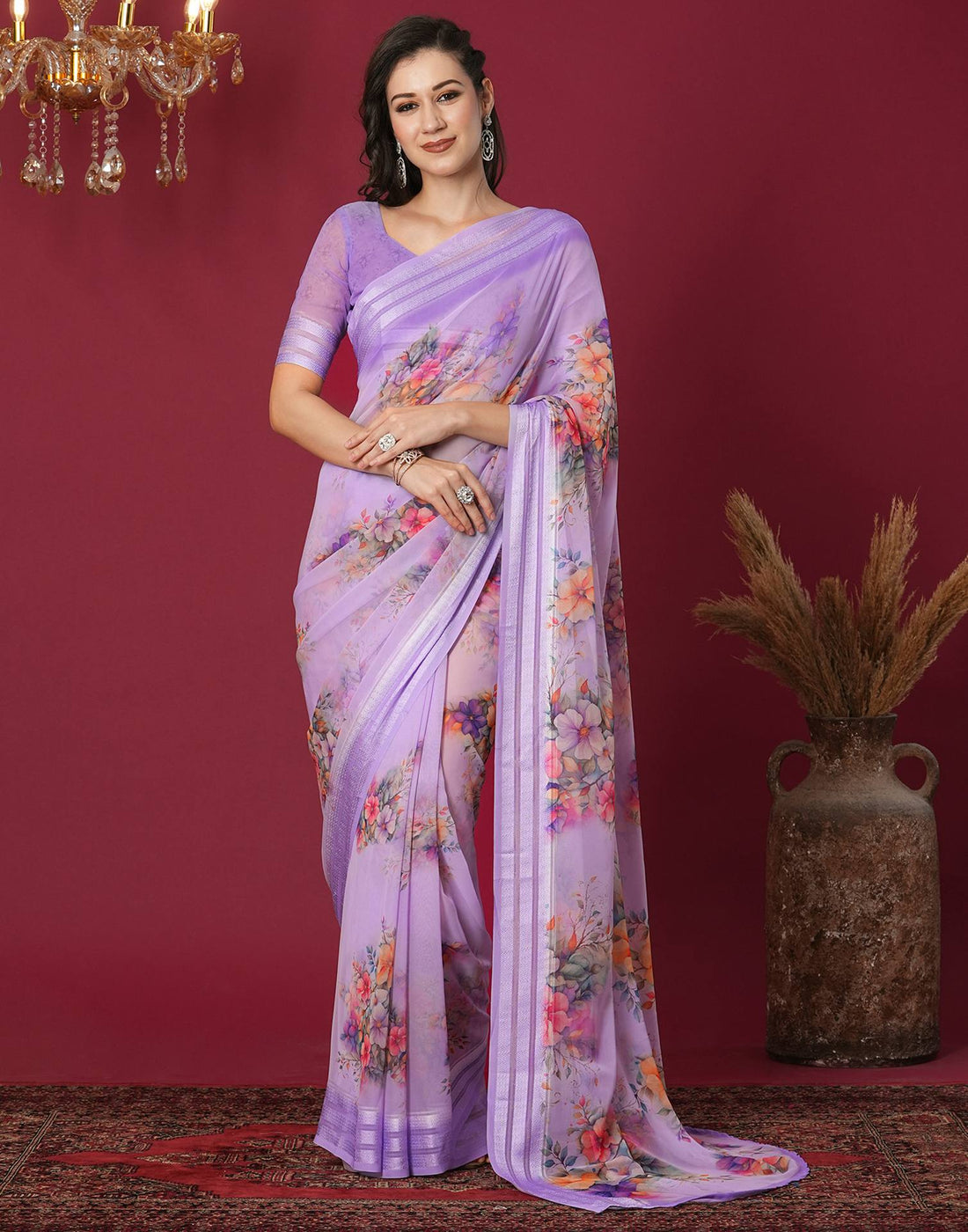 Lavender Georgette Printed Printed Saree