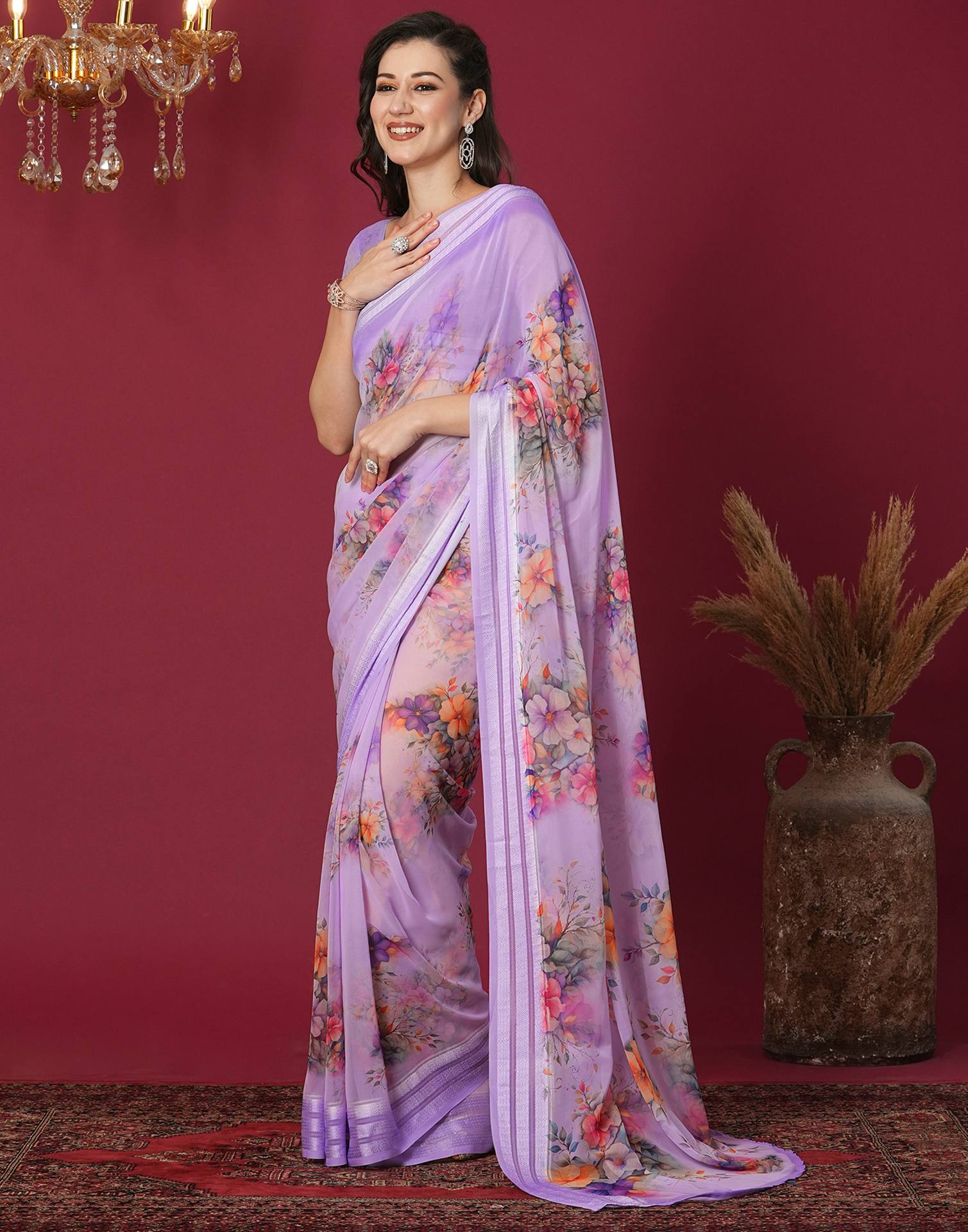 Lavender Georgette Printed Printed Saree