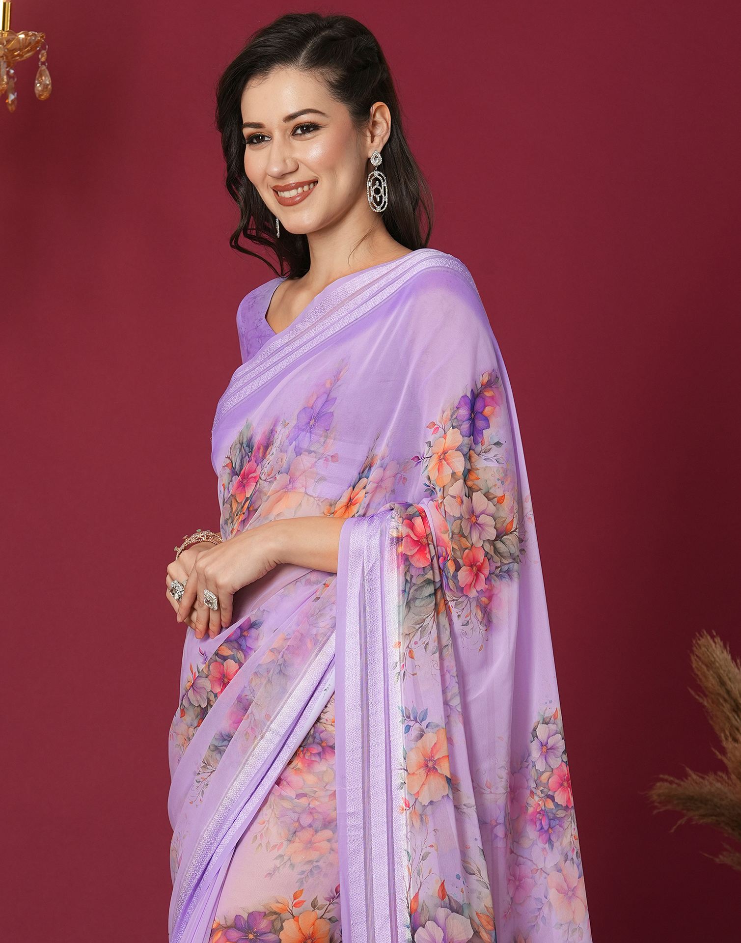 Lavender Georgette Printed Printed Saree