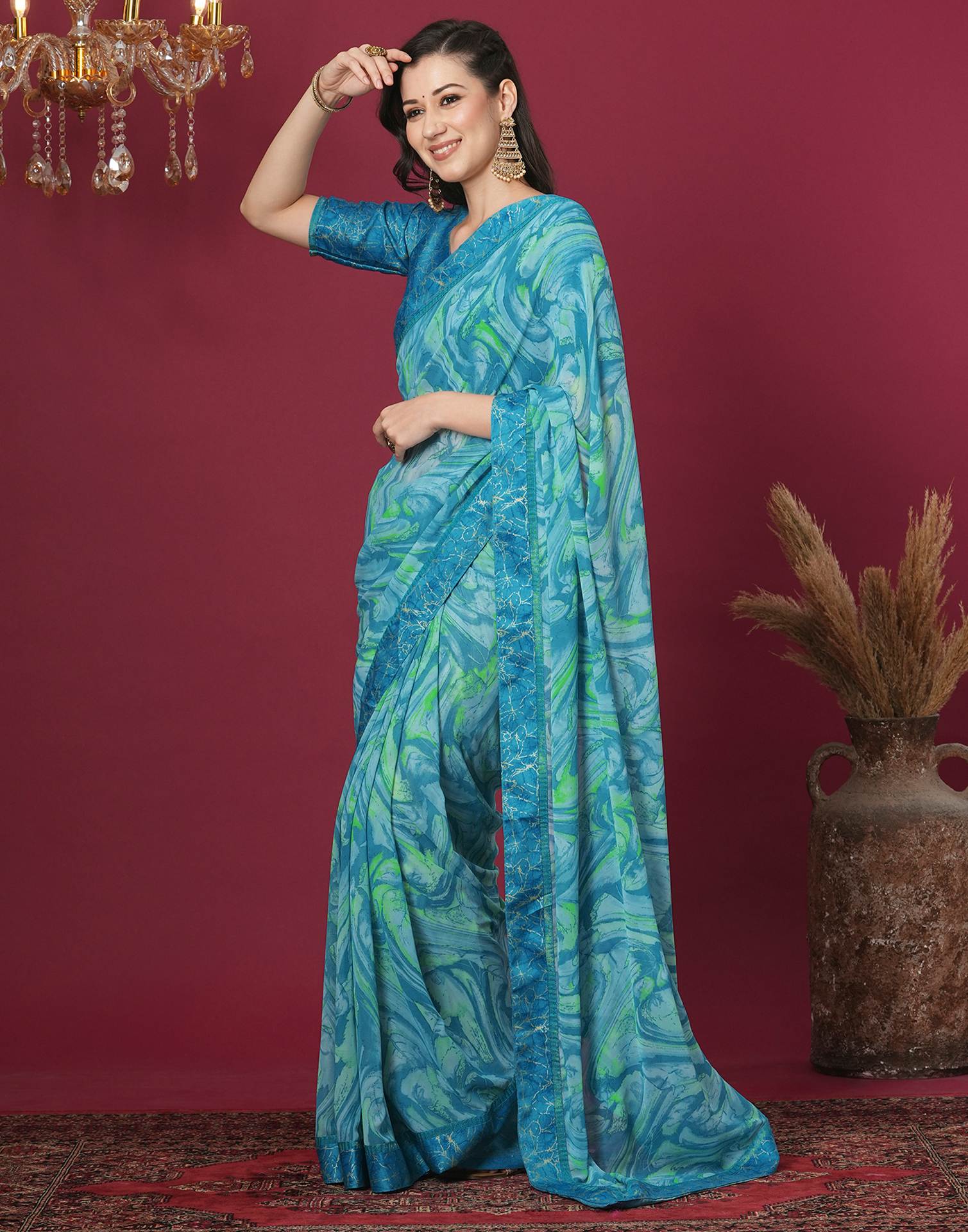 Turquoise Georgette Printed Printed Saree