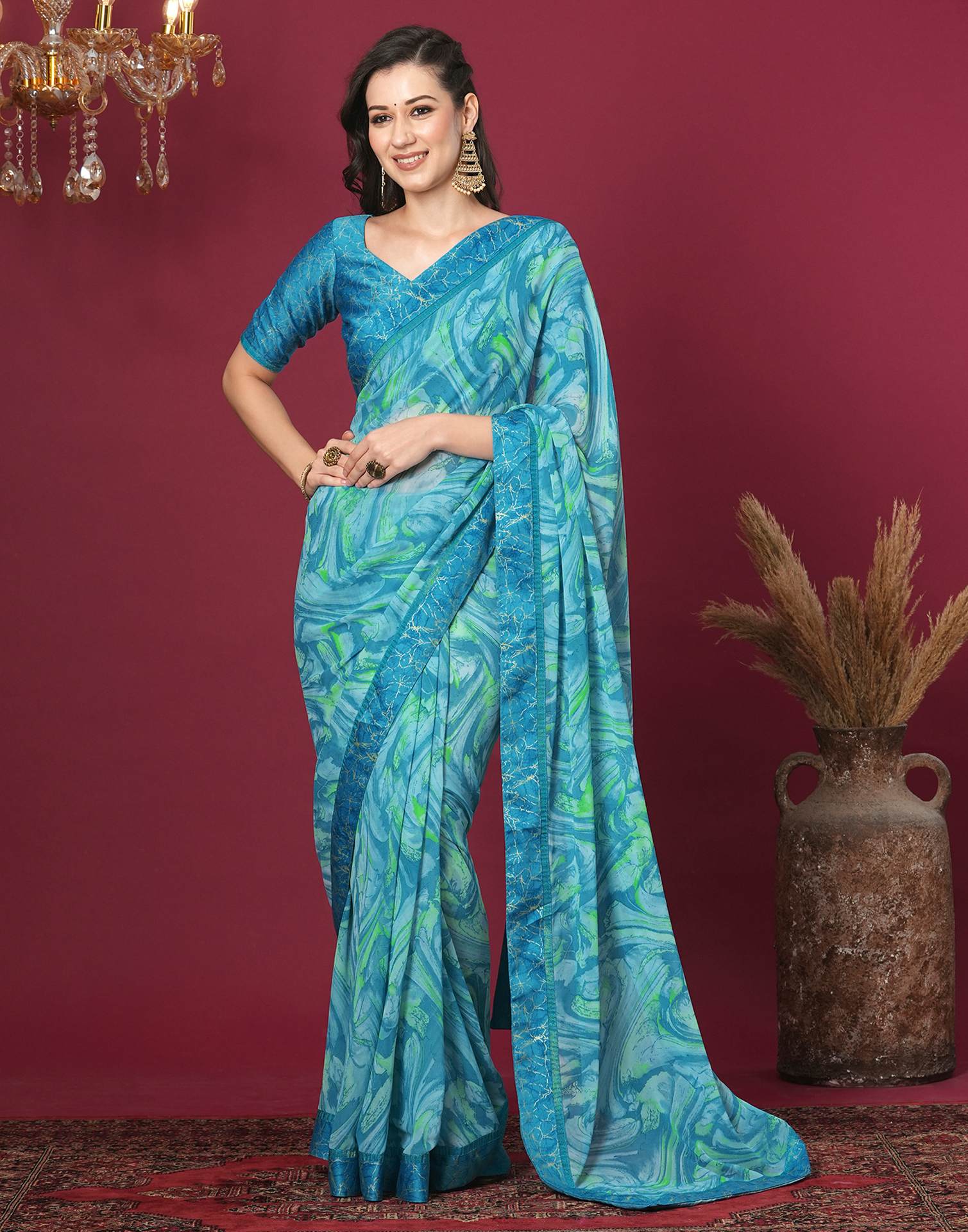 Turquoise Georgette Printed Printed Saree