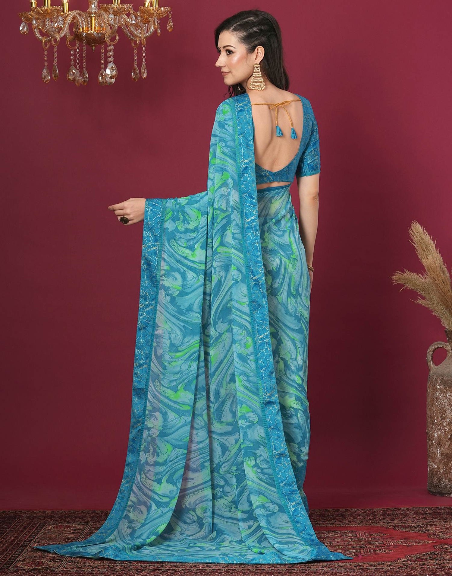 Turquoise Georgette Printed Printed Saree