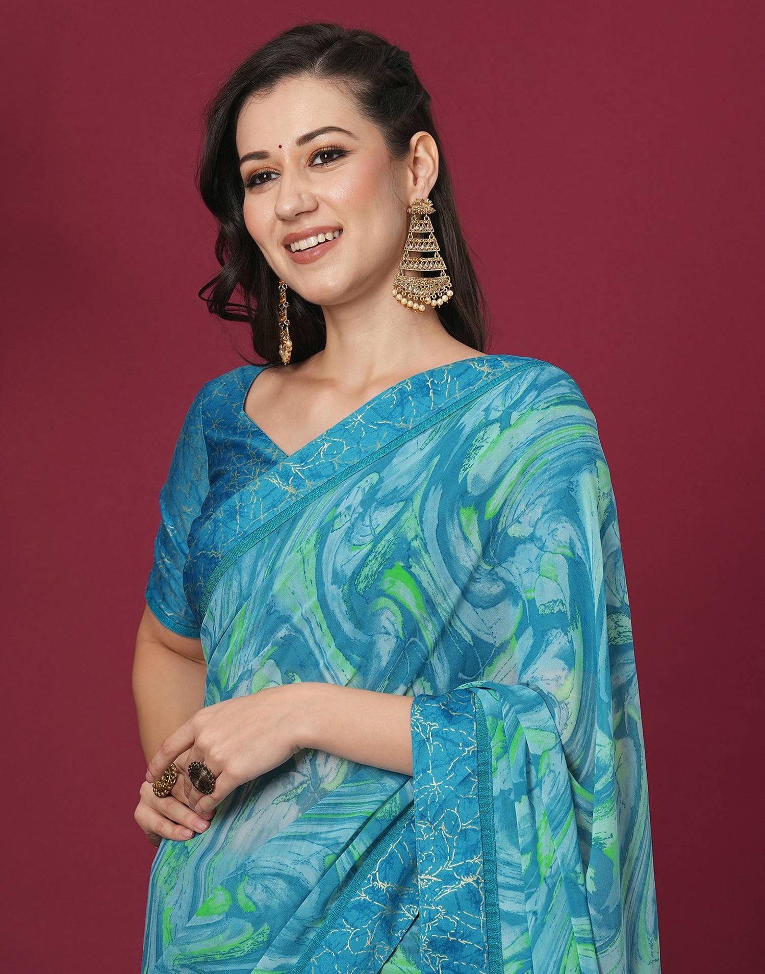 Turquoise Georgette Printed Printed Saree