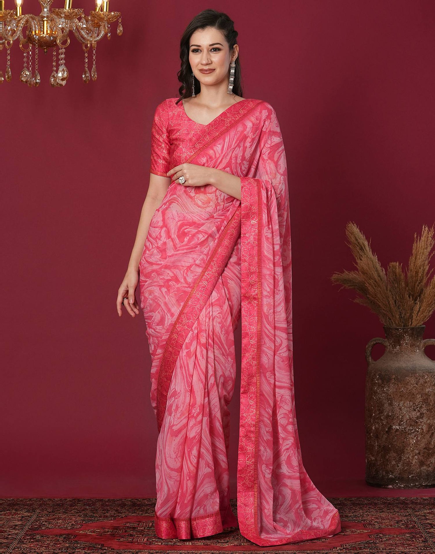 Dark Pink Georgette Printed Printed Saree