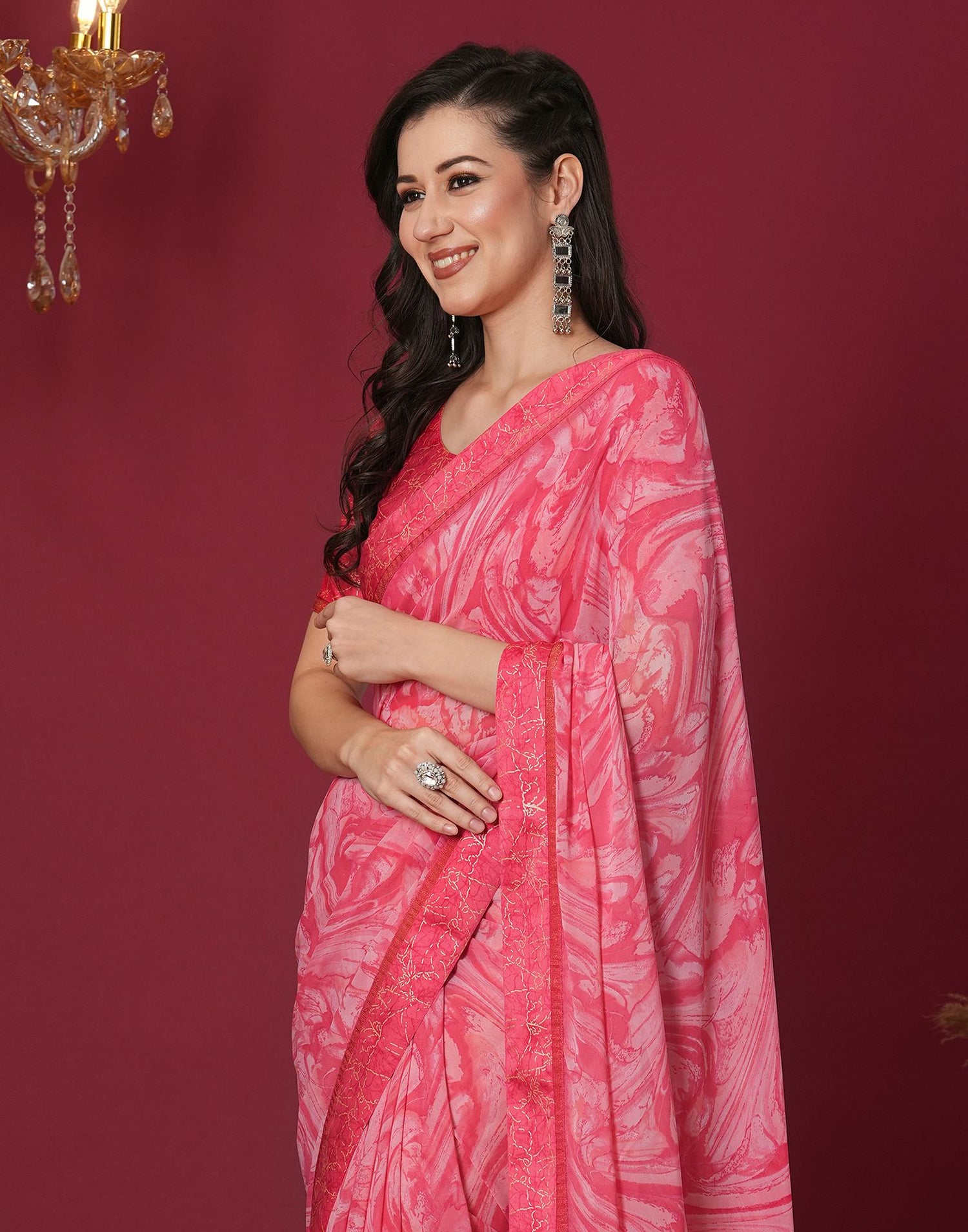 Dark Pink Georgette Printed Printed Saree