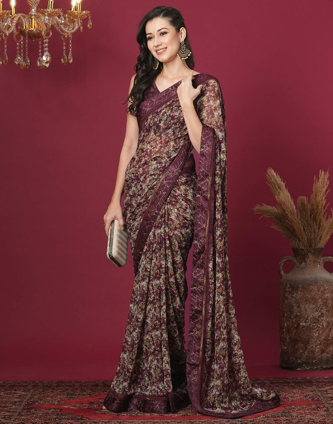 Brown Georgette Printed Printed Saree