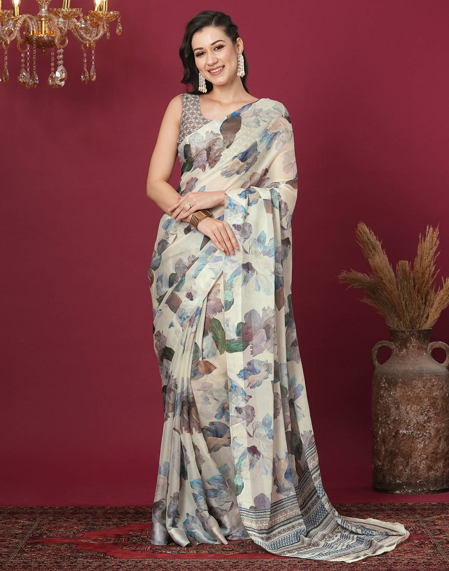 Cream Georgette Printed Printed Saree