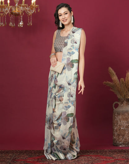 Cream Georgette Printed Printed Saree