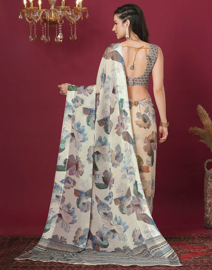 Cream Georgette Printed Printed Saree