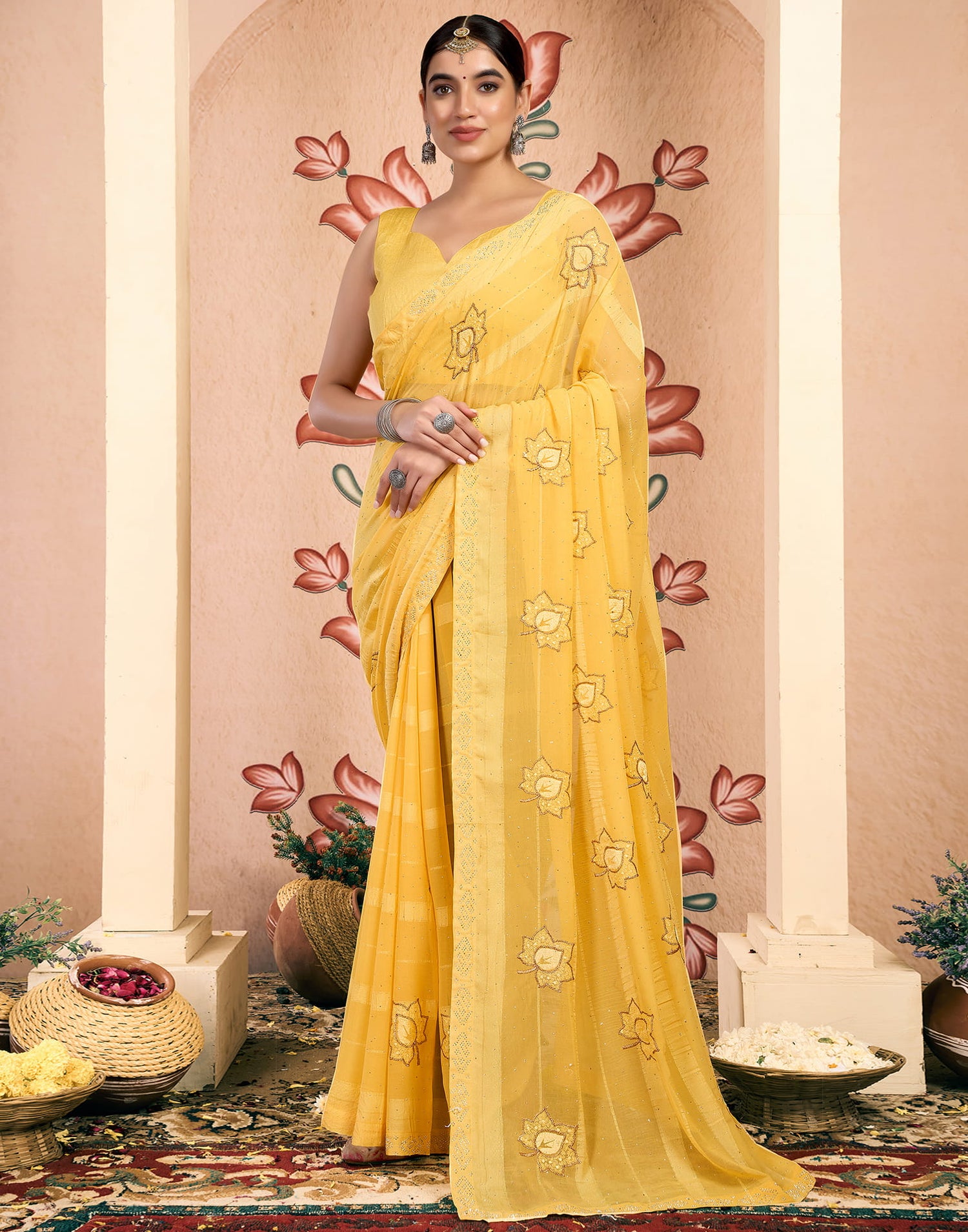 Yellow Chiffon Embroidery Embellished Saree