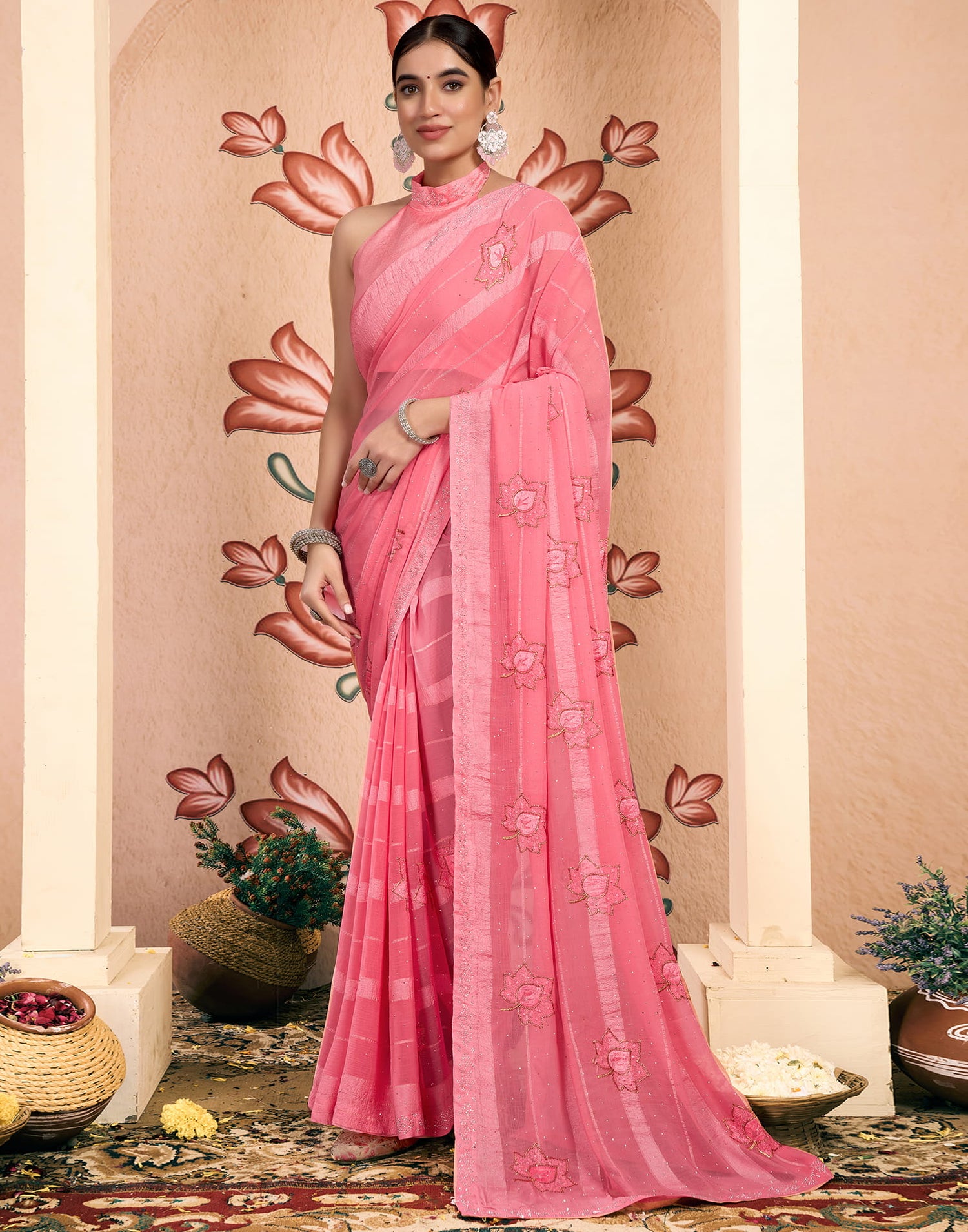 Peach Chiffon Embroidery Embellished Saree