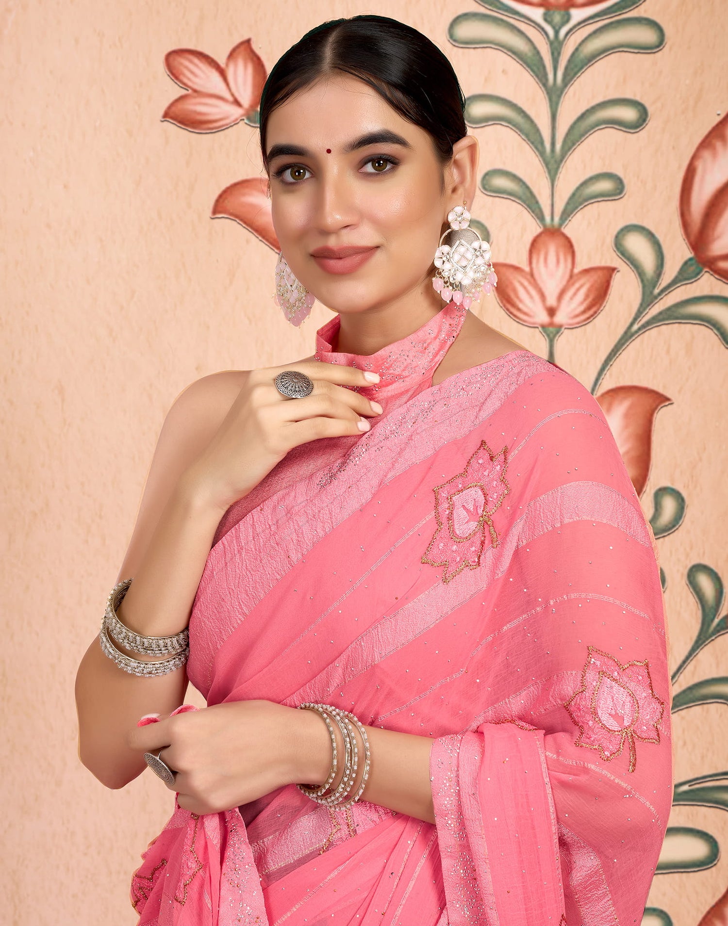 Peach Chiffon Embroidery Embellished Saree
