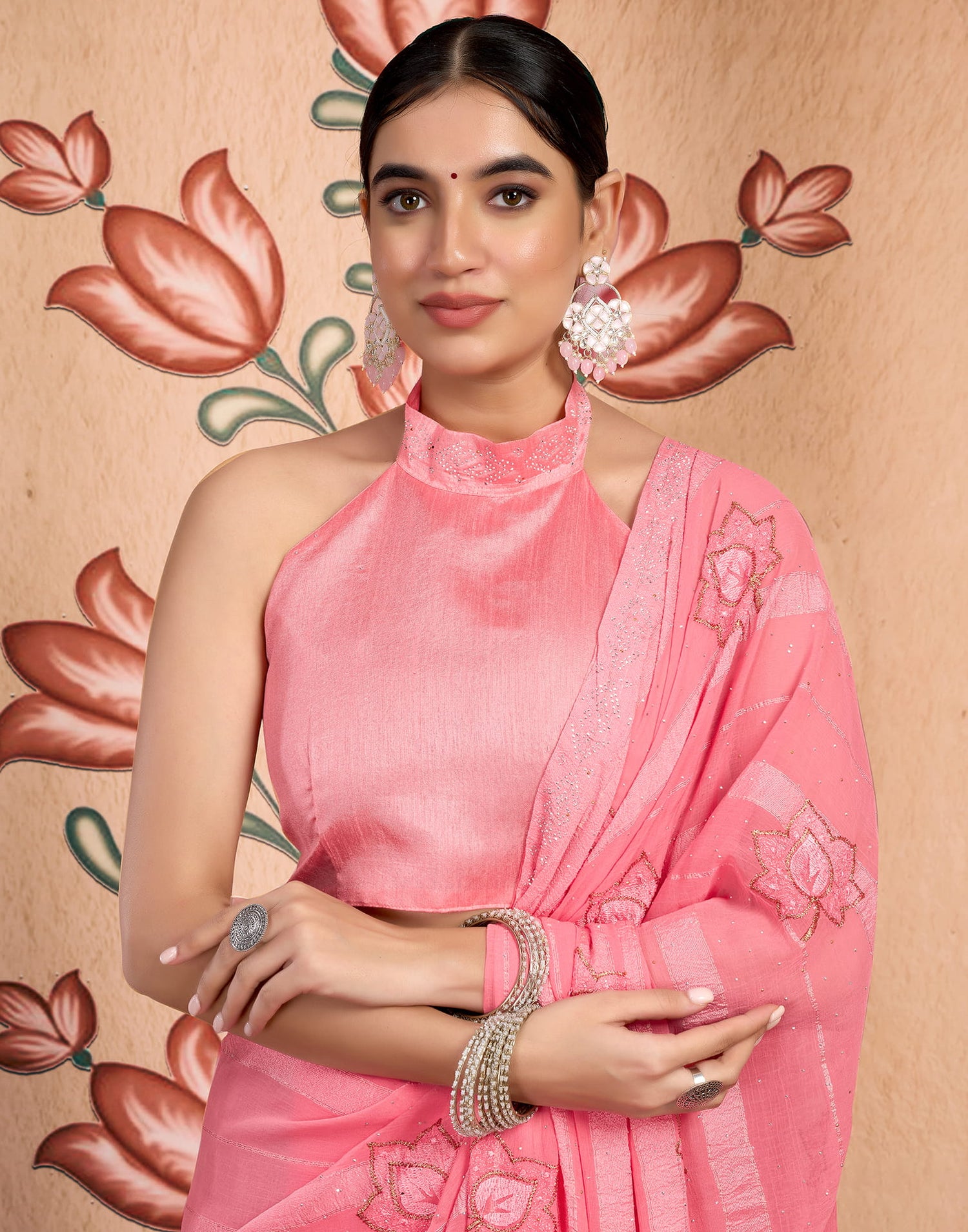 Peach Chiffon Embroidery Embellished Saree