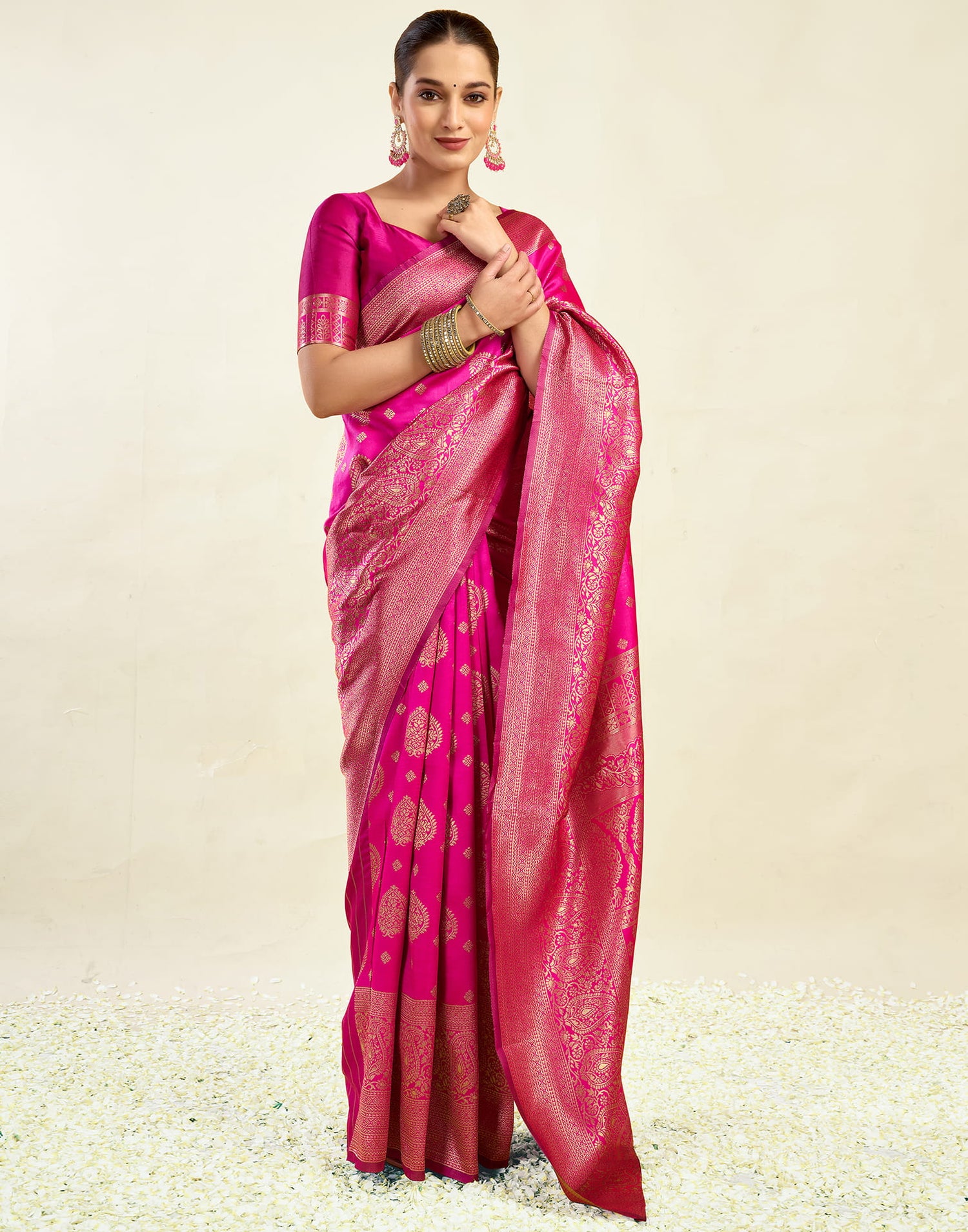 Pink Silk Blend Woven Banarasi Saree