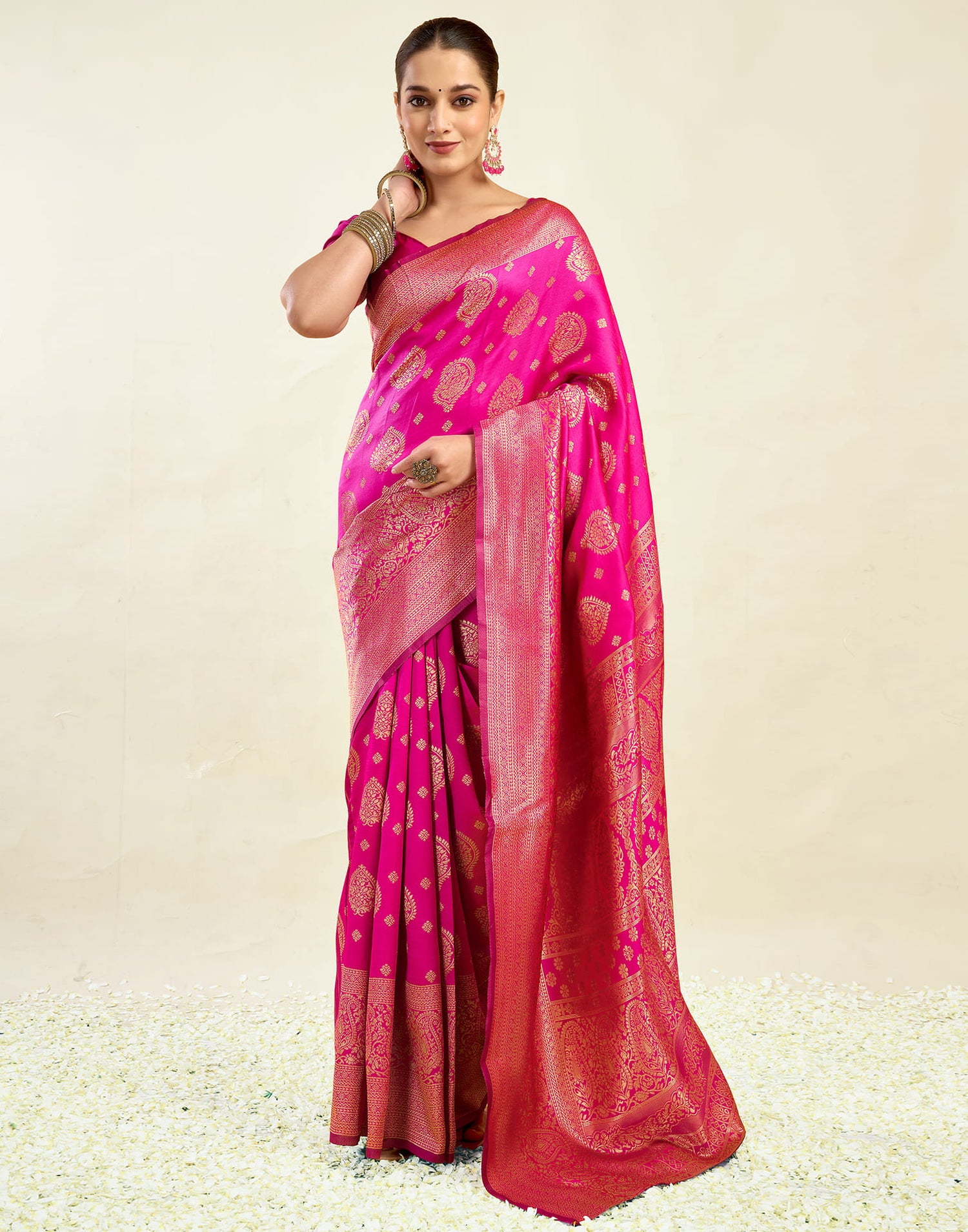 Pink Silk Blend Woven Banarasi Saree