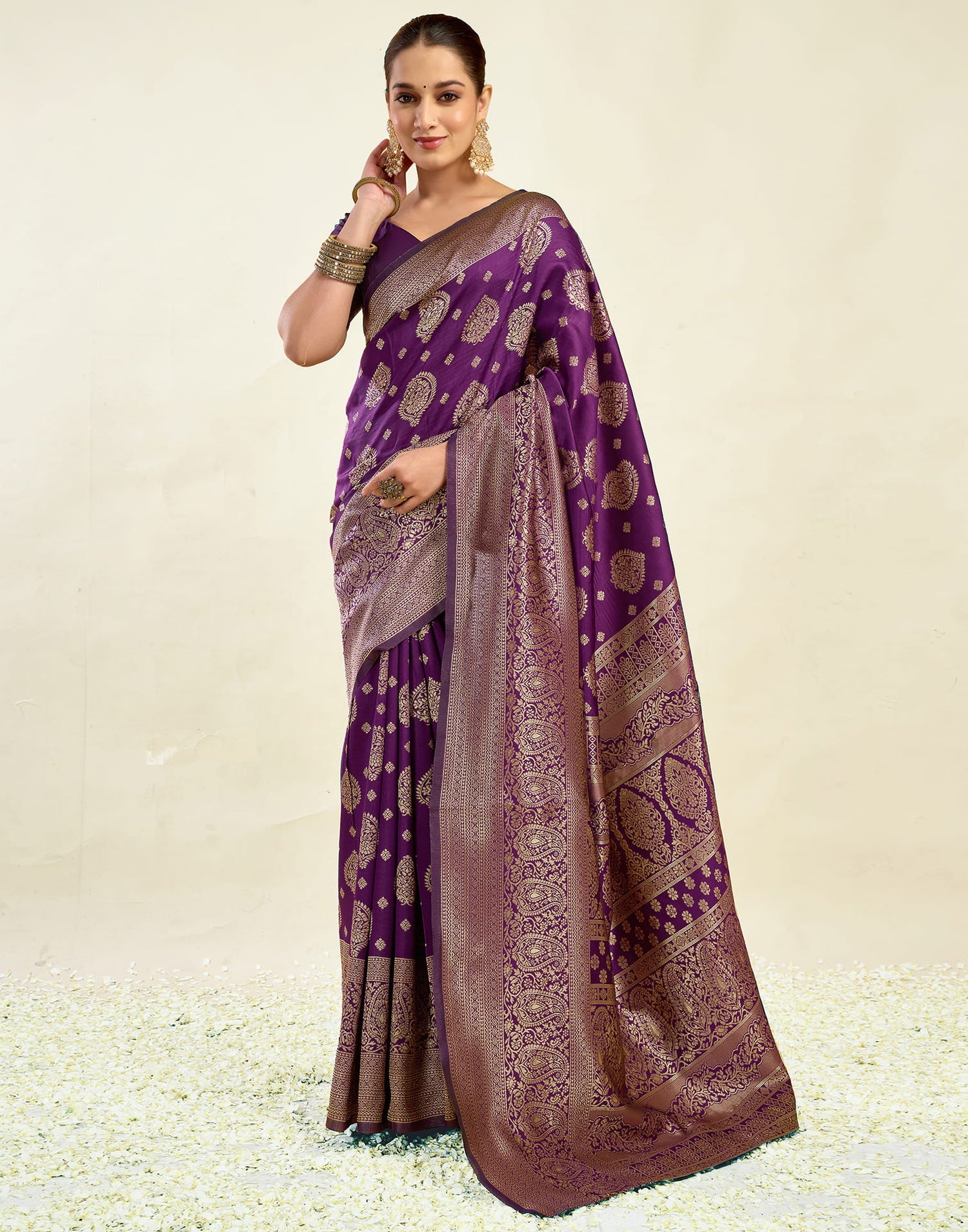 Wine Silk Blend Woven Banarasi Saree