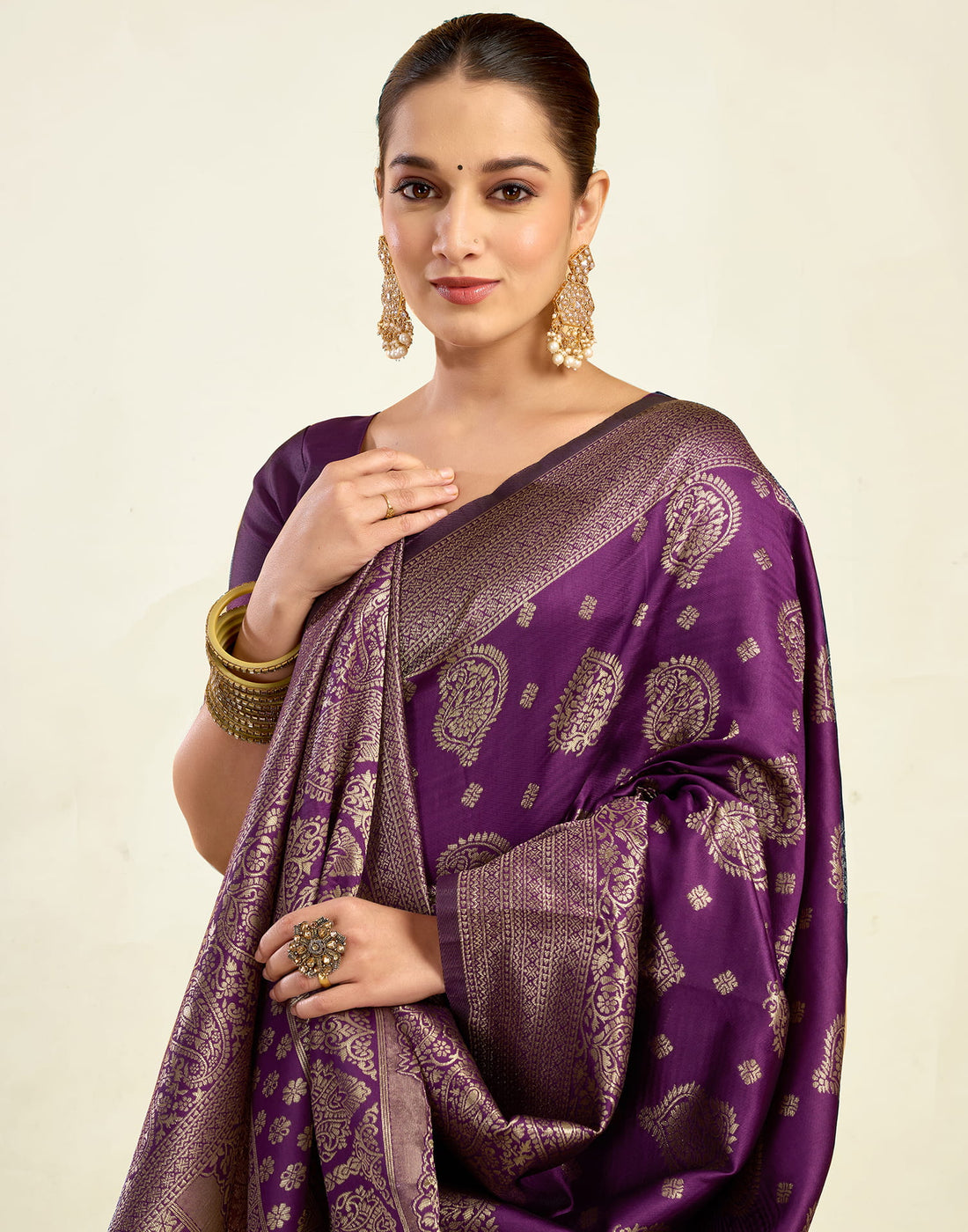 Wine Silk Blend Woven Banarasi Saree