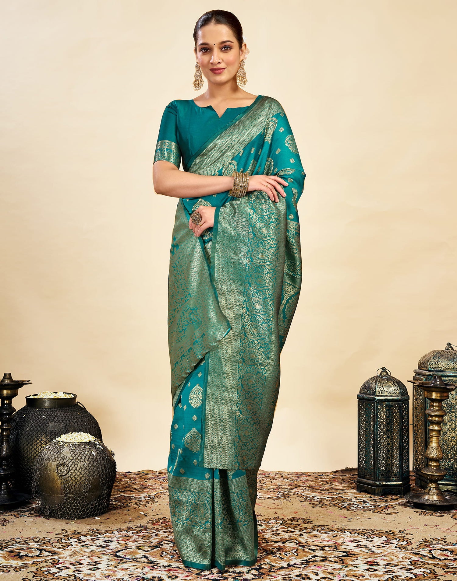 Teal Green Silk Weaving Banarasi Saree