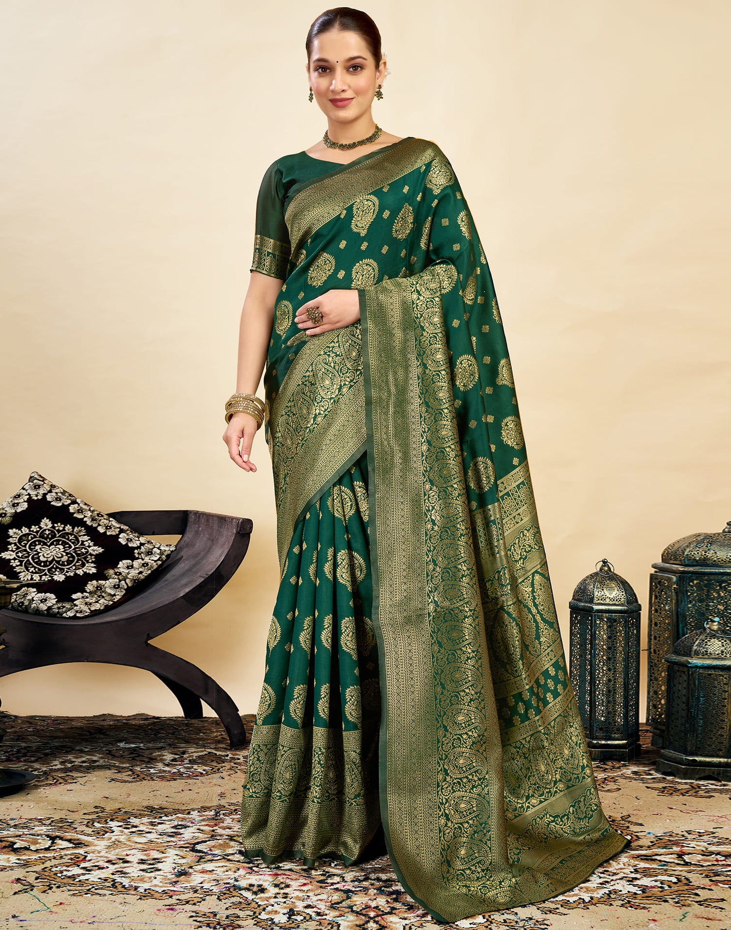 Green Silk Blend Woven Banarasi Saree