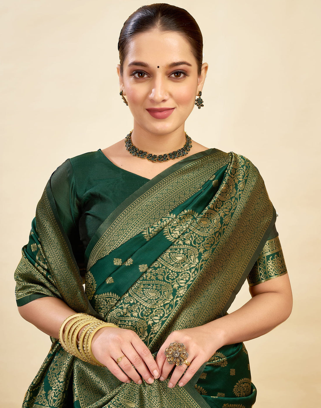 Green Silk Blend Woven Banarasi Saree