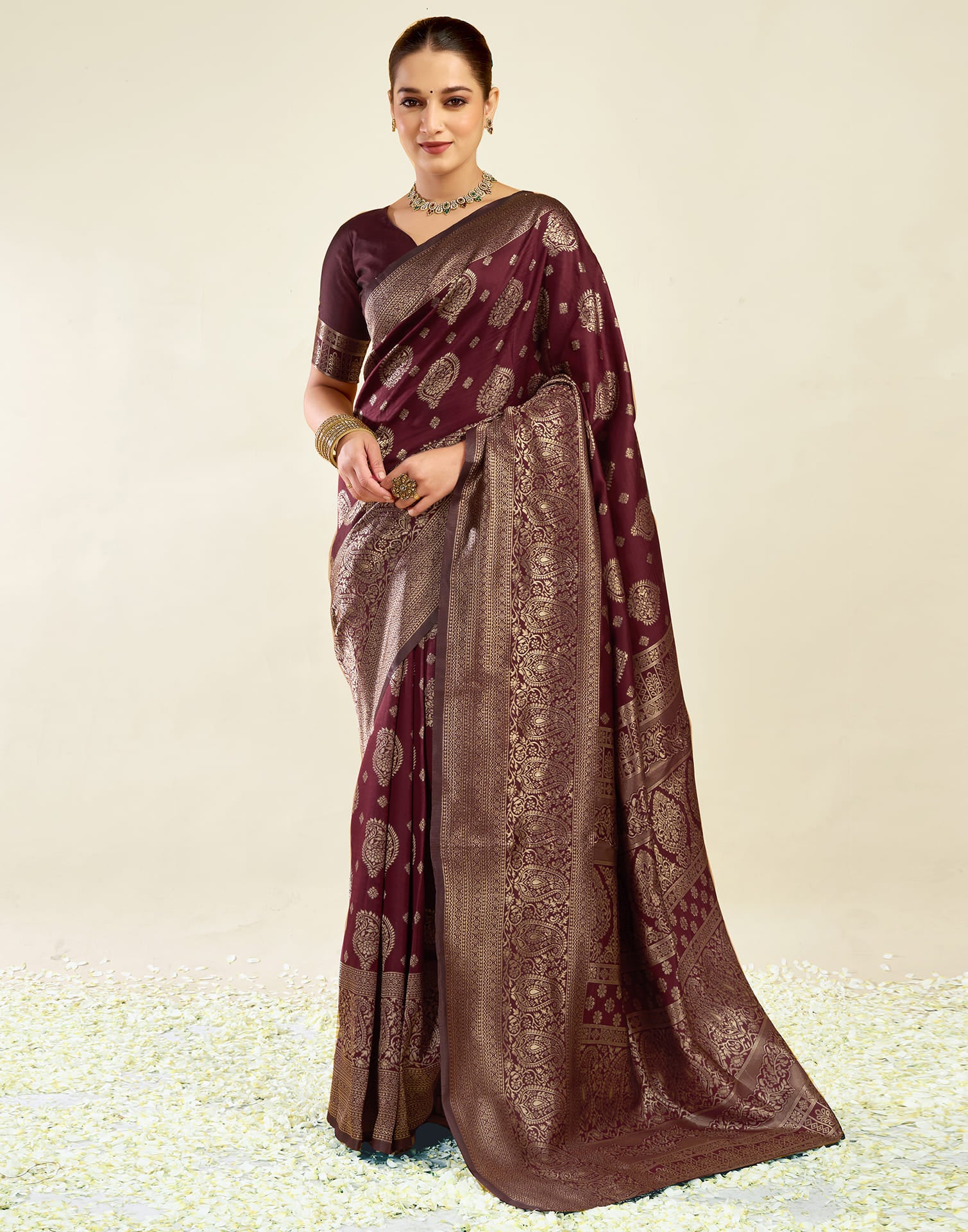 Maroon Silk Blend Woven Banarasi Saree