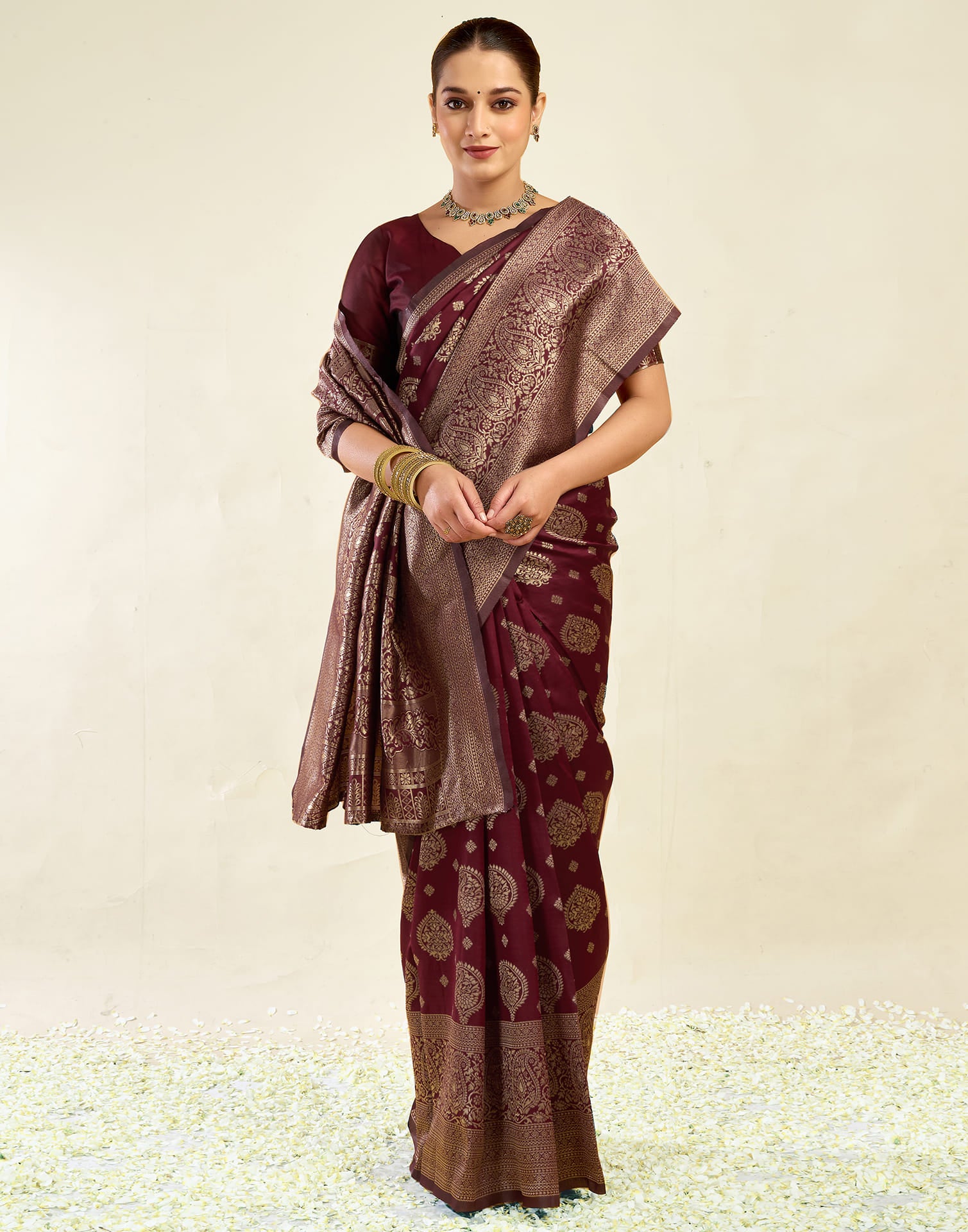 Maroon Silk Blend Woven Banarasi Saree