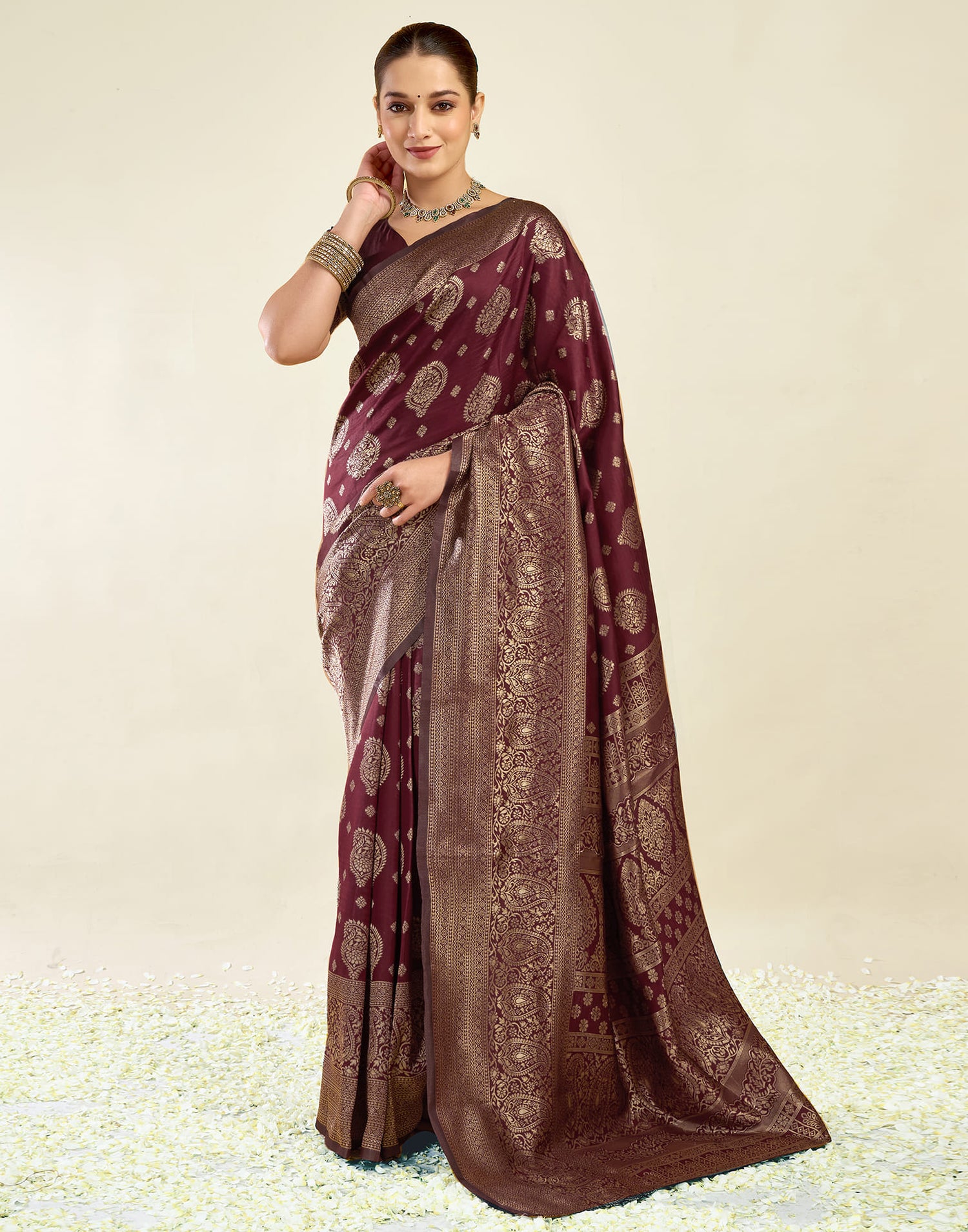 Maroon Silk Blend Woven Banarasi Saree