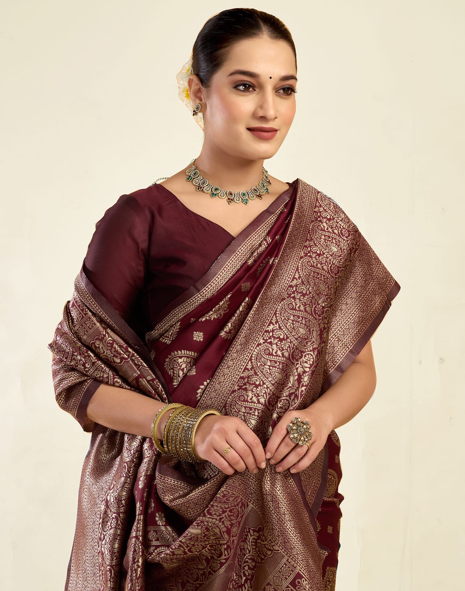 Maroon Silk Blend Woven Banarasi Saree