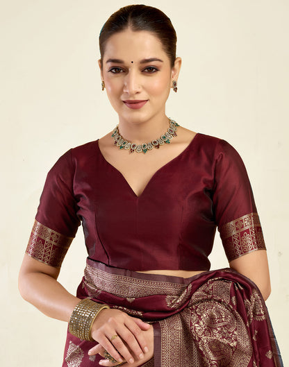 Maroon Silk Blend Woven Banarasi Saree