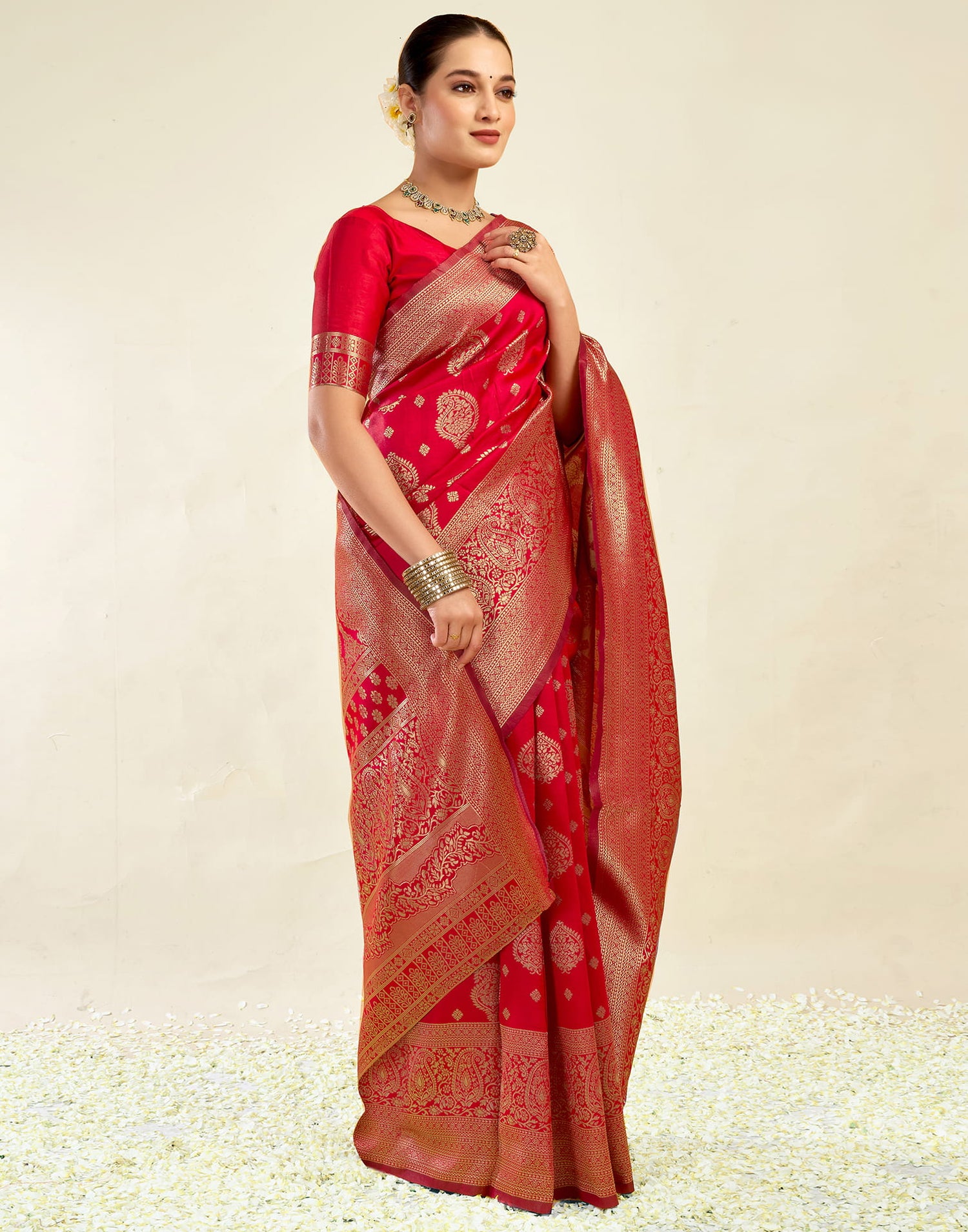 Red Silk Blend Woven Banarasi Saree