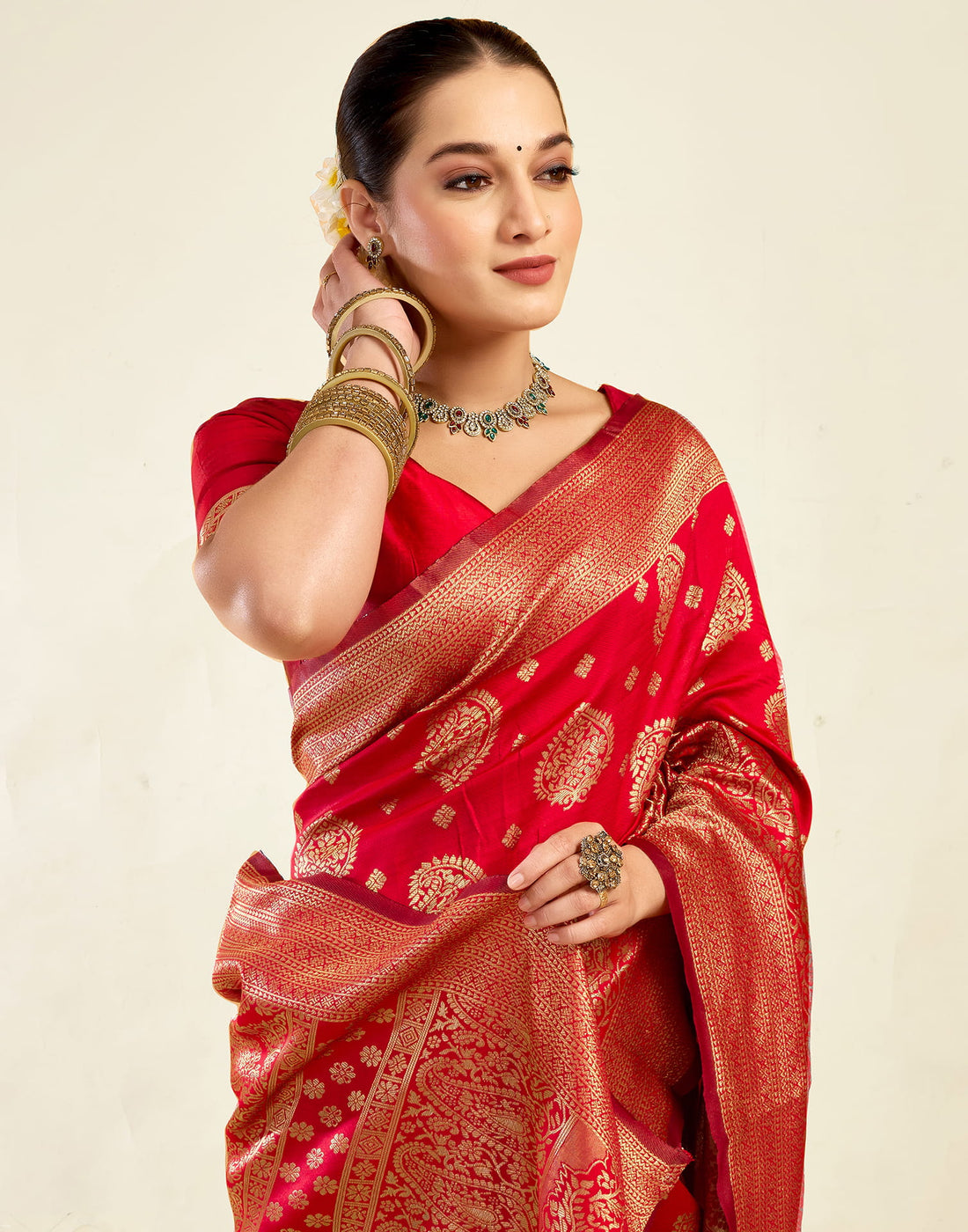 Red Silk Blend Woven Banarasi Saree