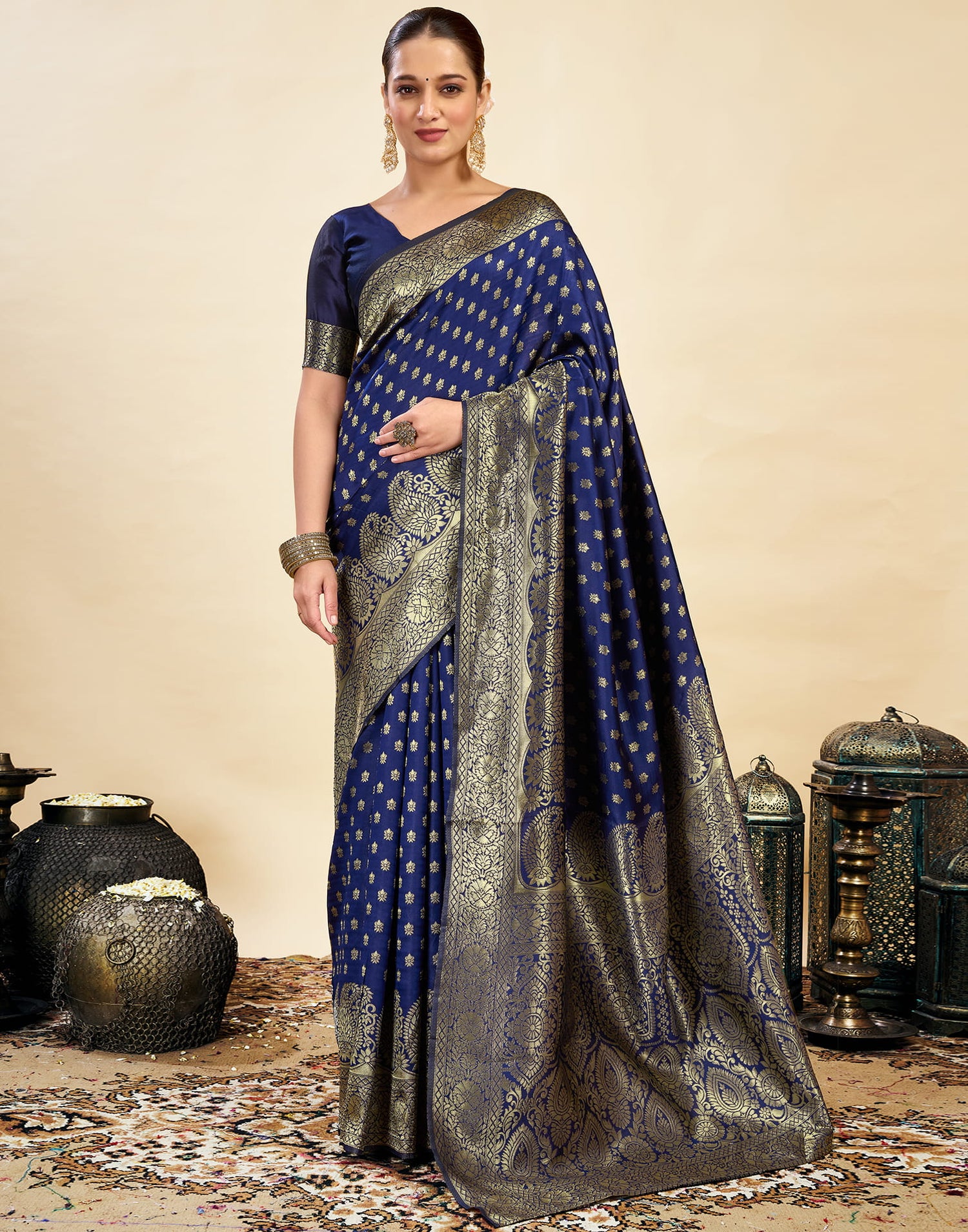 Blue Silk Blend Woven Banarasi Saree