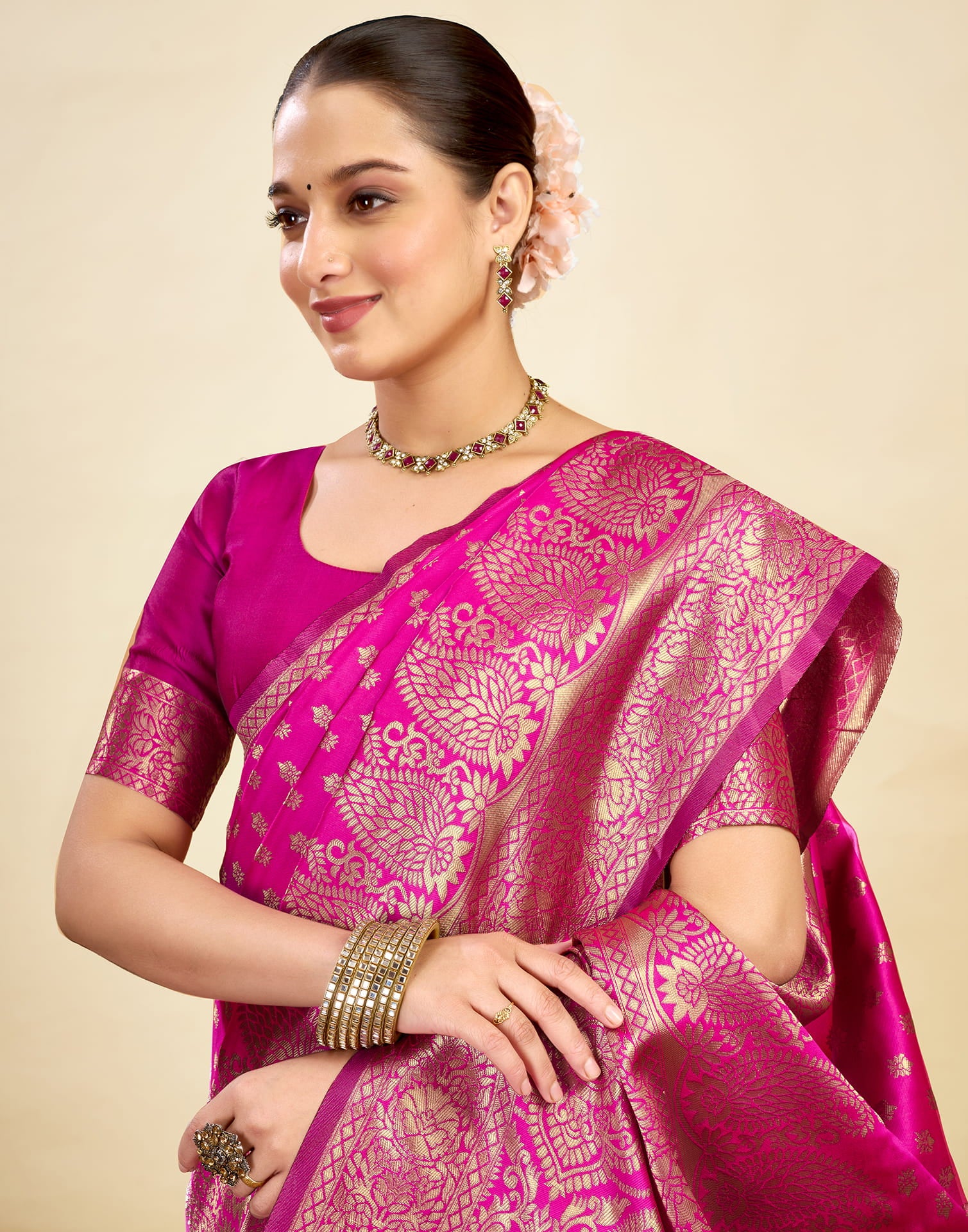 Pink Silk Blend Woven Banarasi Saree