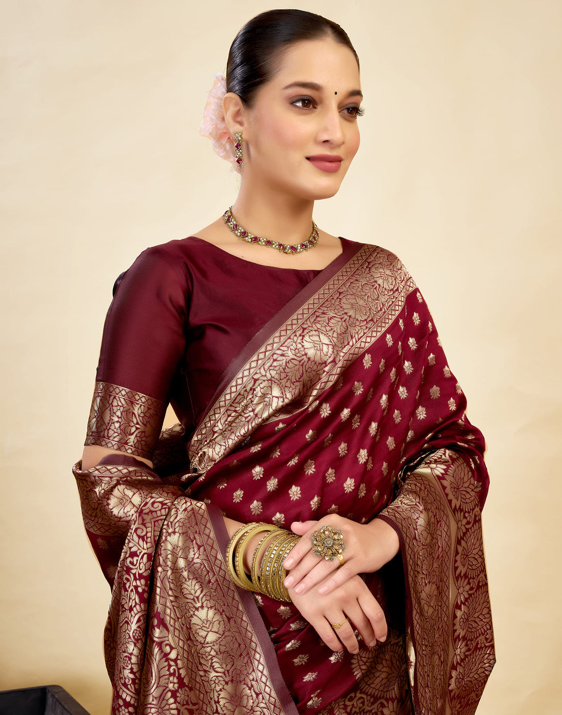 Maroon Silk Blend Woven Banarasi Saree