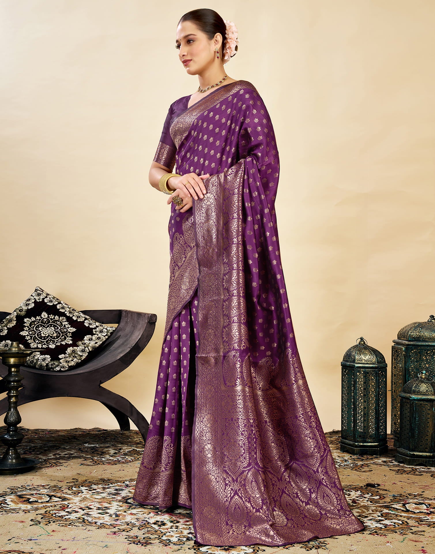 Purple Silk Blend Woven Banarasi Saree