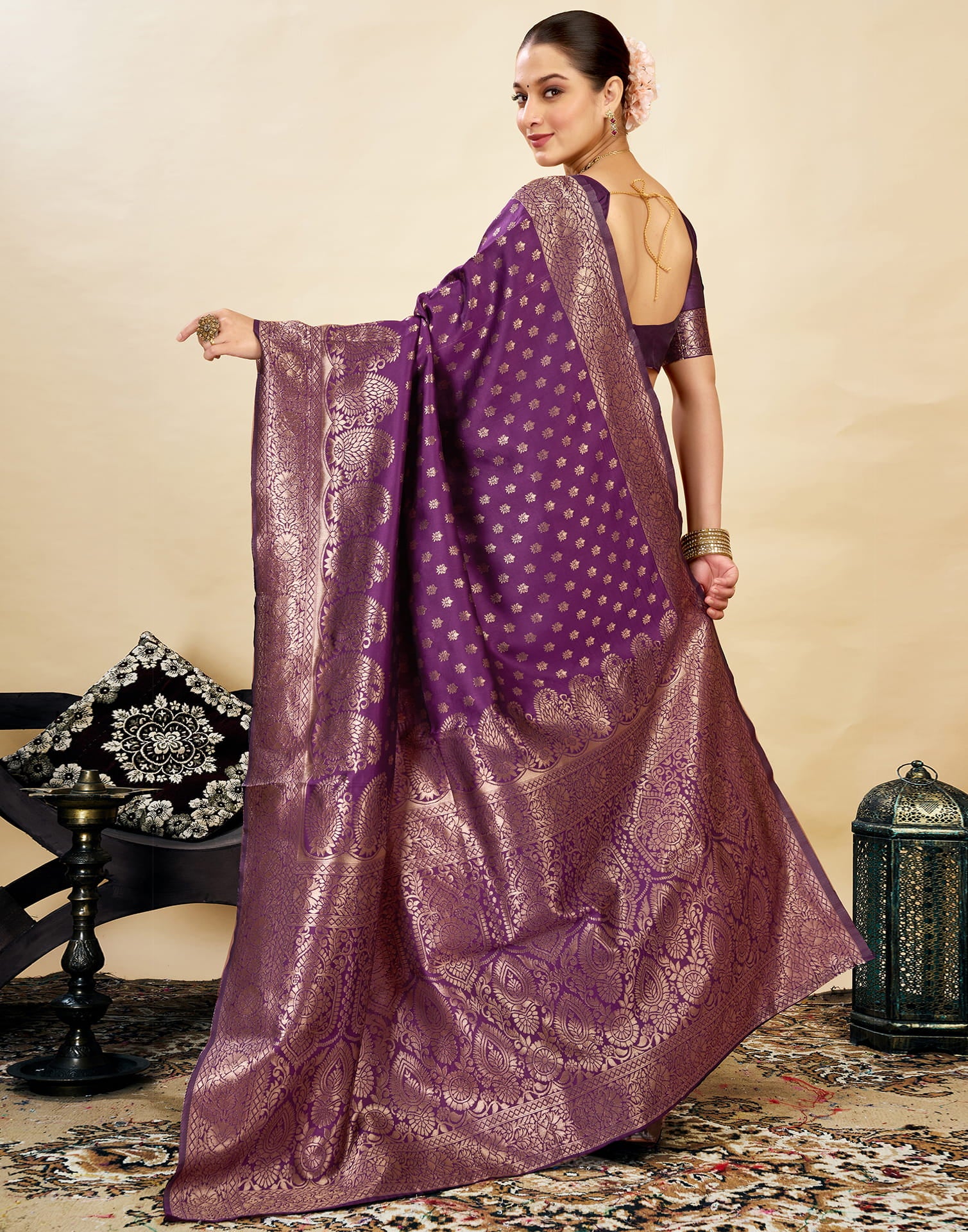 Purple Silk Blend Woven Banarasi Saree