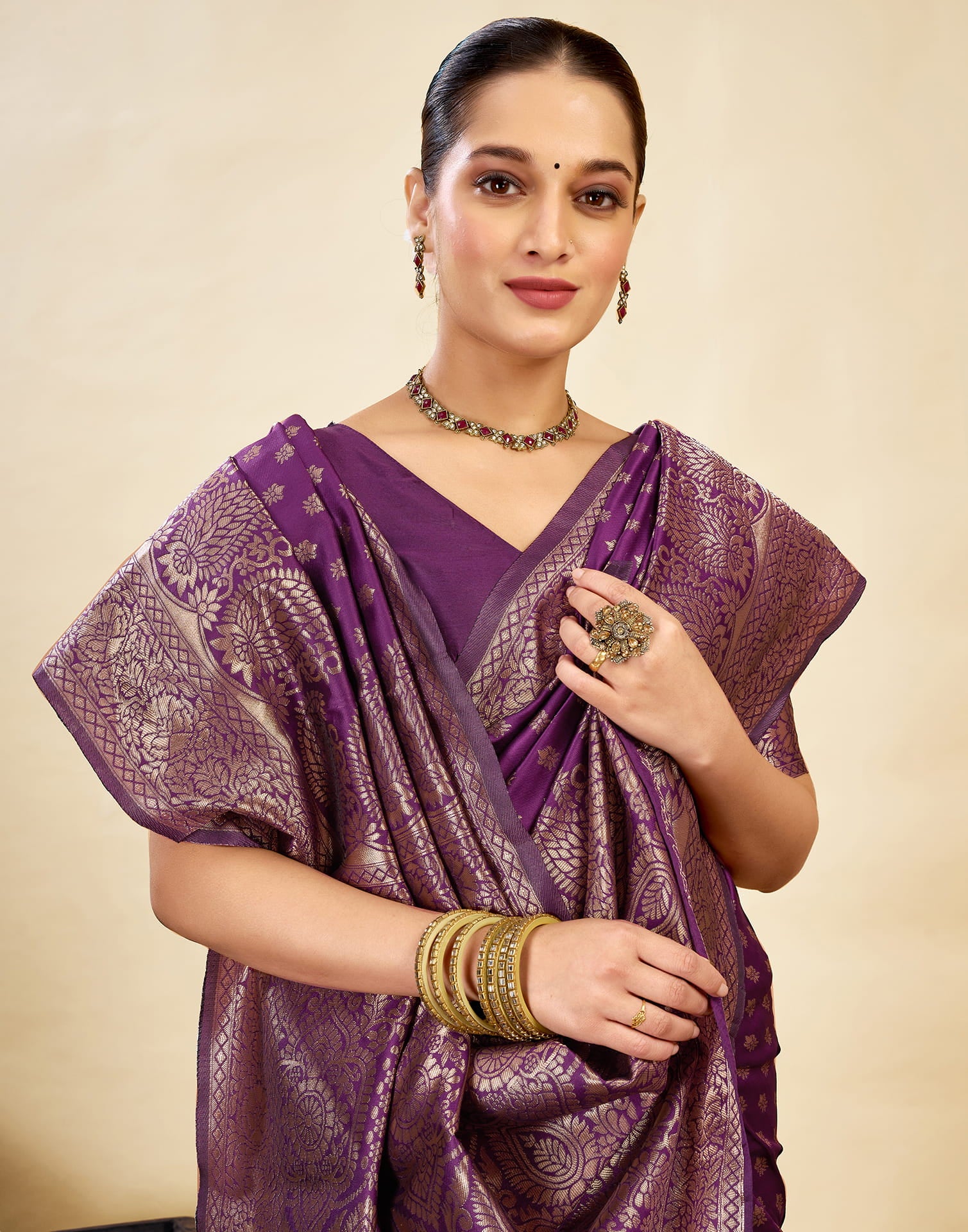 Purple Silk Blend Woven Banarasi Saree