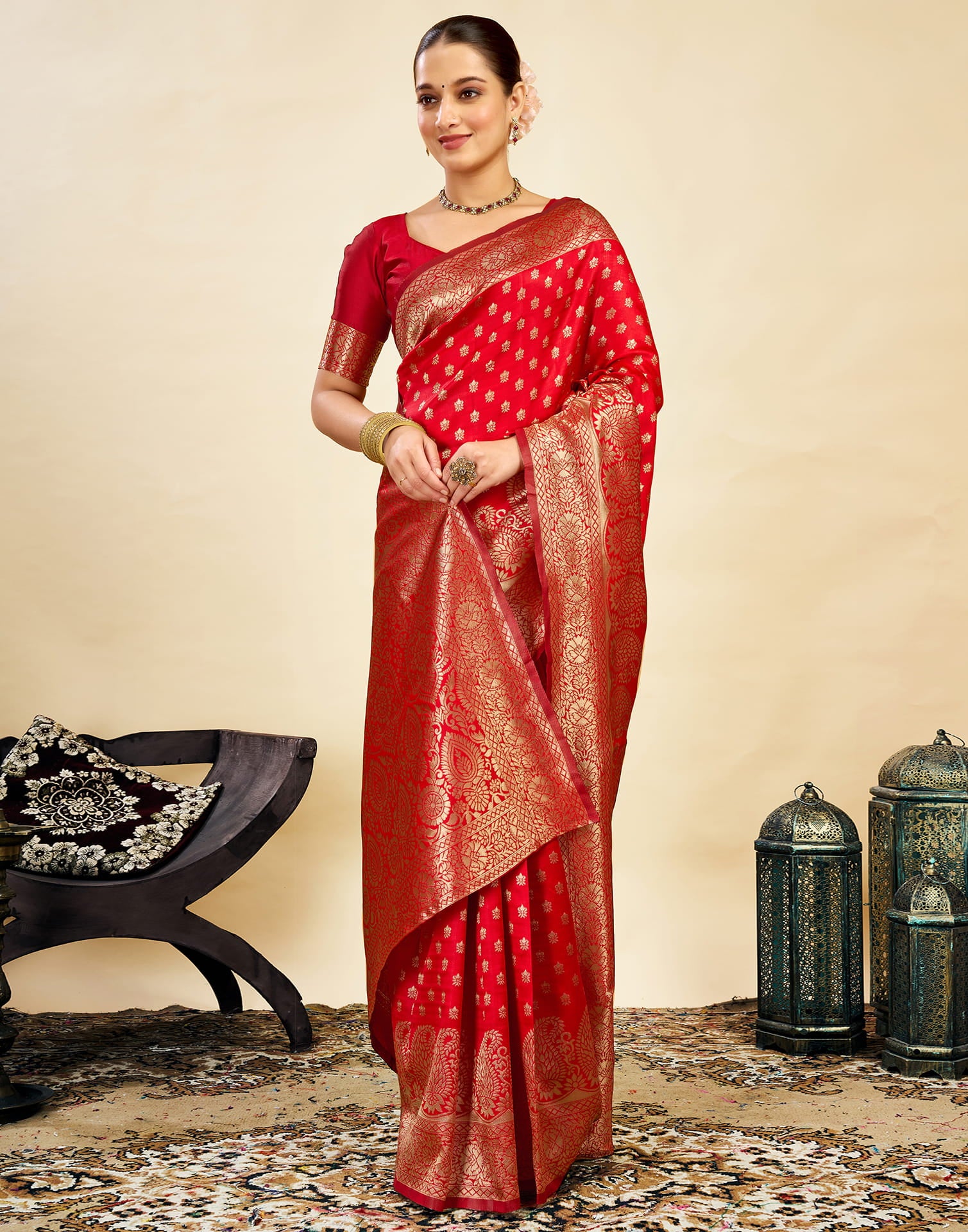 Red Silk Blend Woven Banarasi Saree