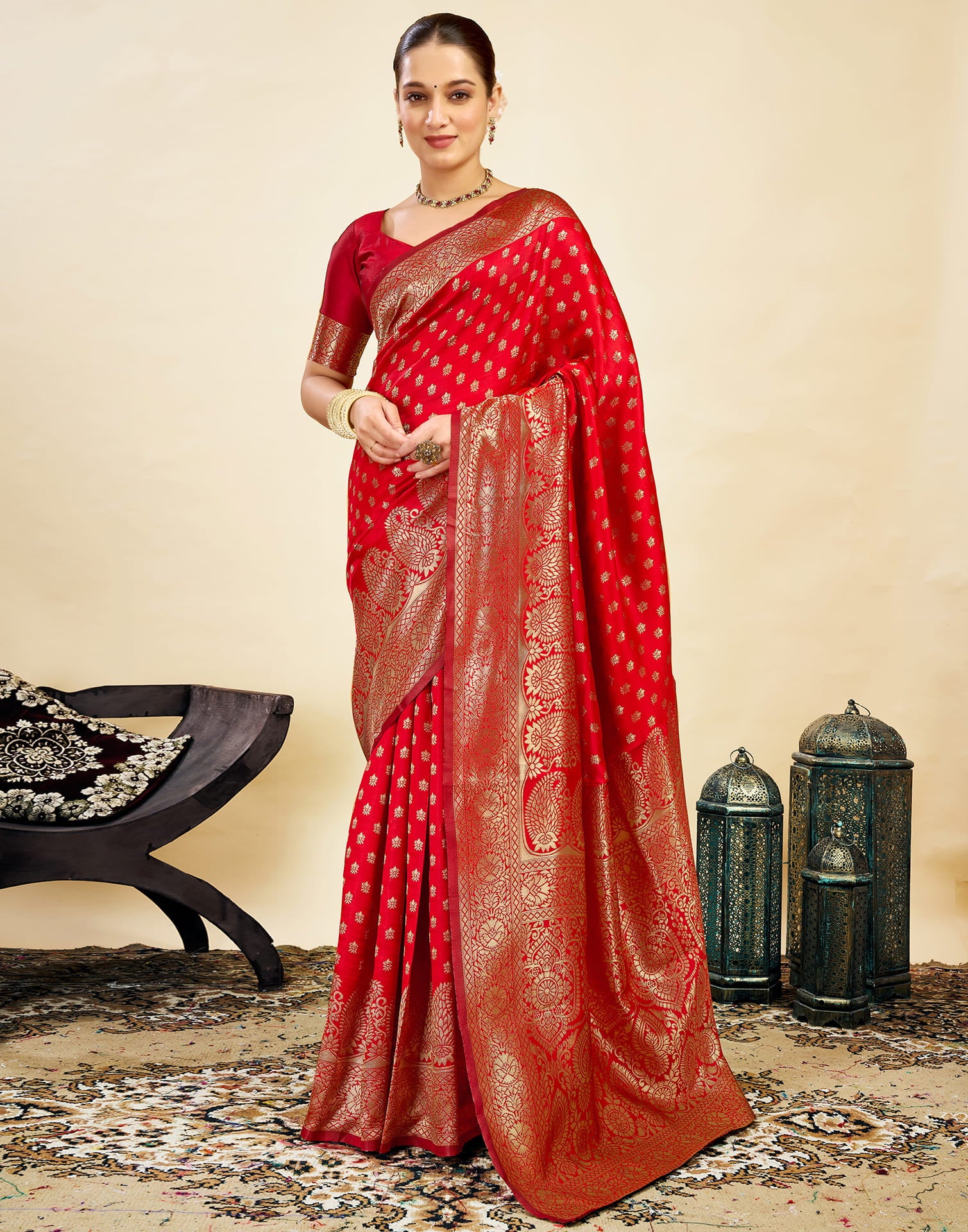 Red Silk Blend Woven Banarasi Saree