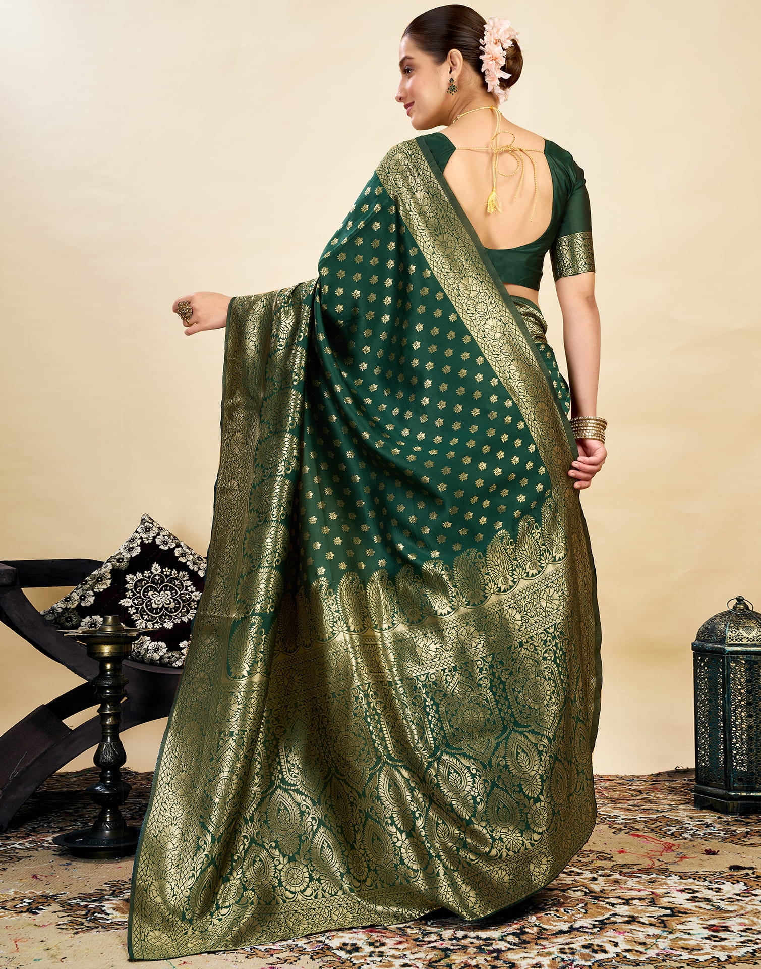 Green Silk Blend Woven Banarasi Saree