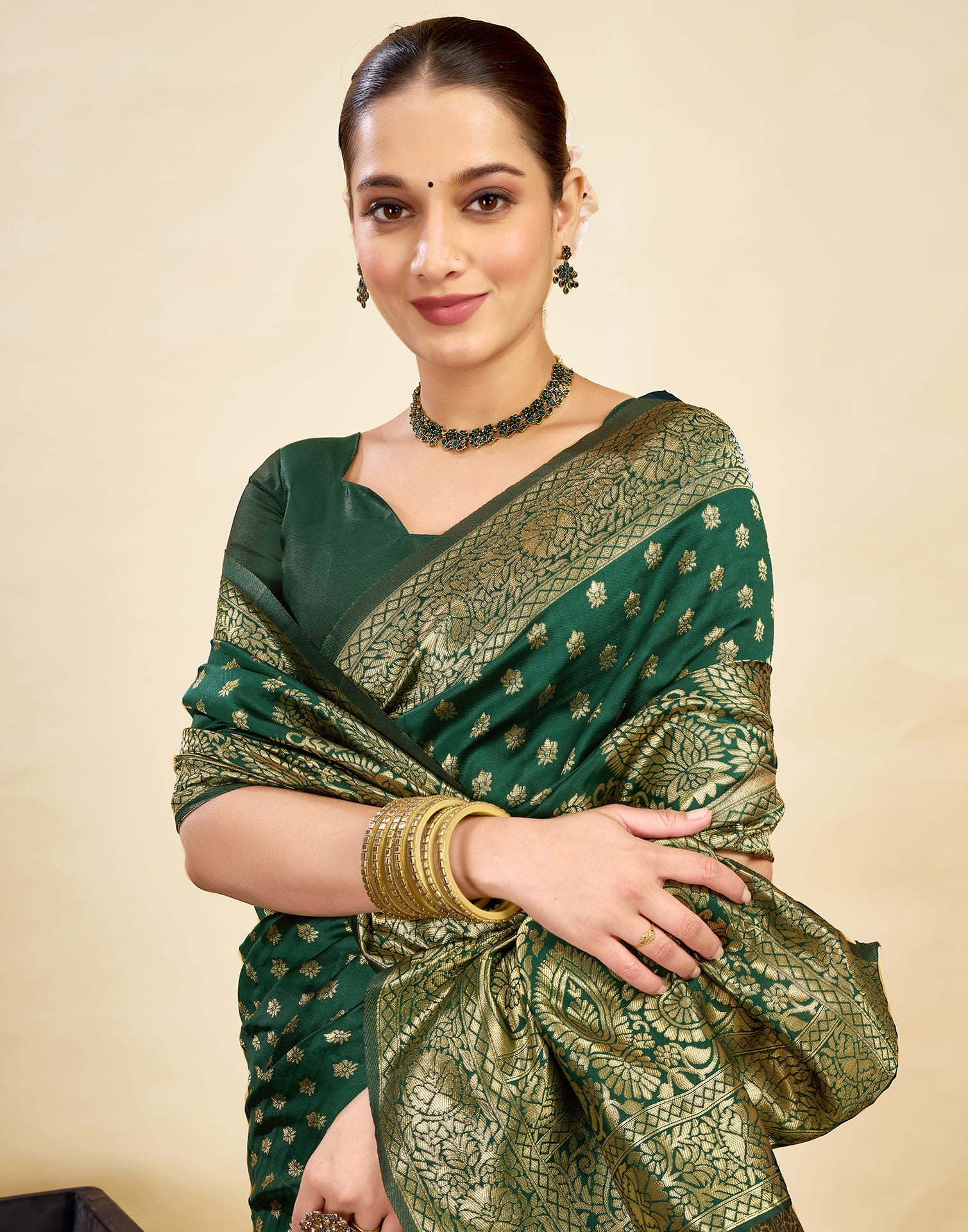 Green Silk Blend Woven Banarasi Saree