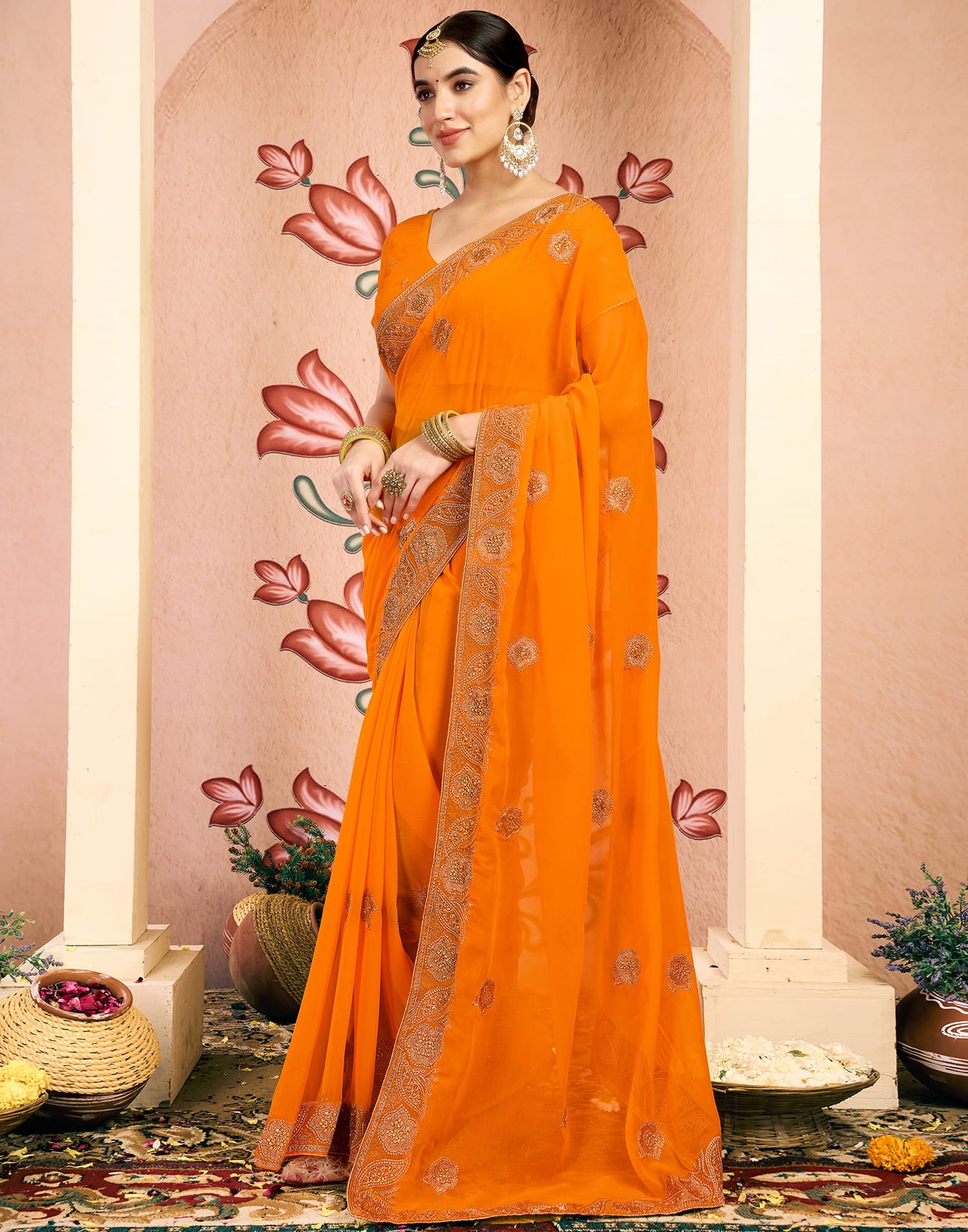 Yellow Georgette Embroidery Embellished Saree