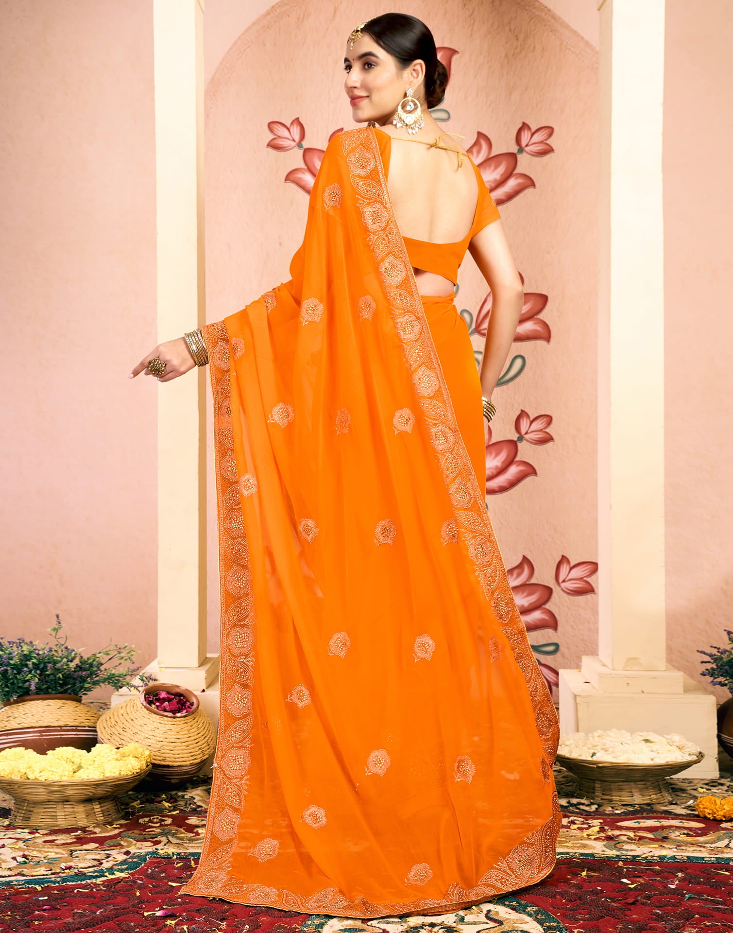 Yellow Georgette Embroidery Embellished Saree