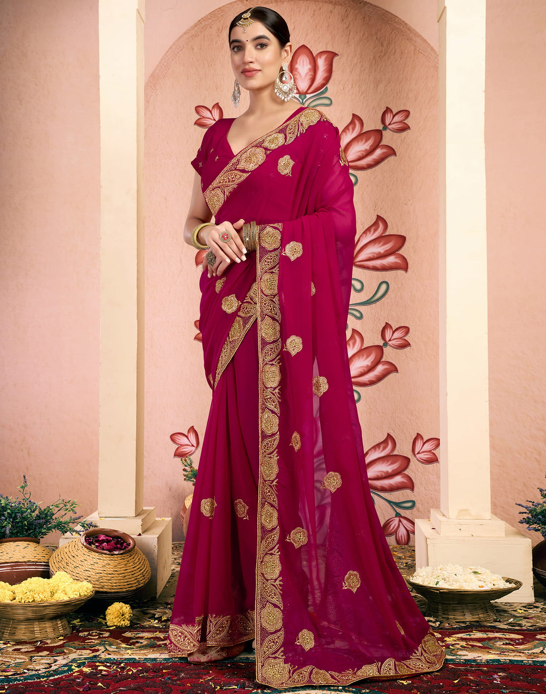 Pink Georgette Embroidery Embellished Saree