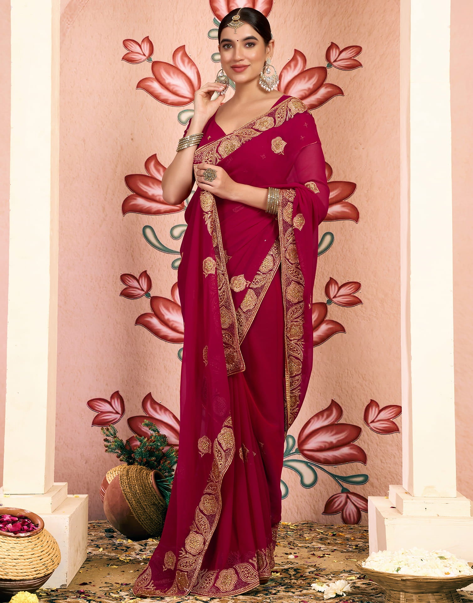 Pink Georgette Embroidery Embellished Saree