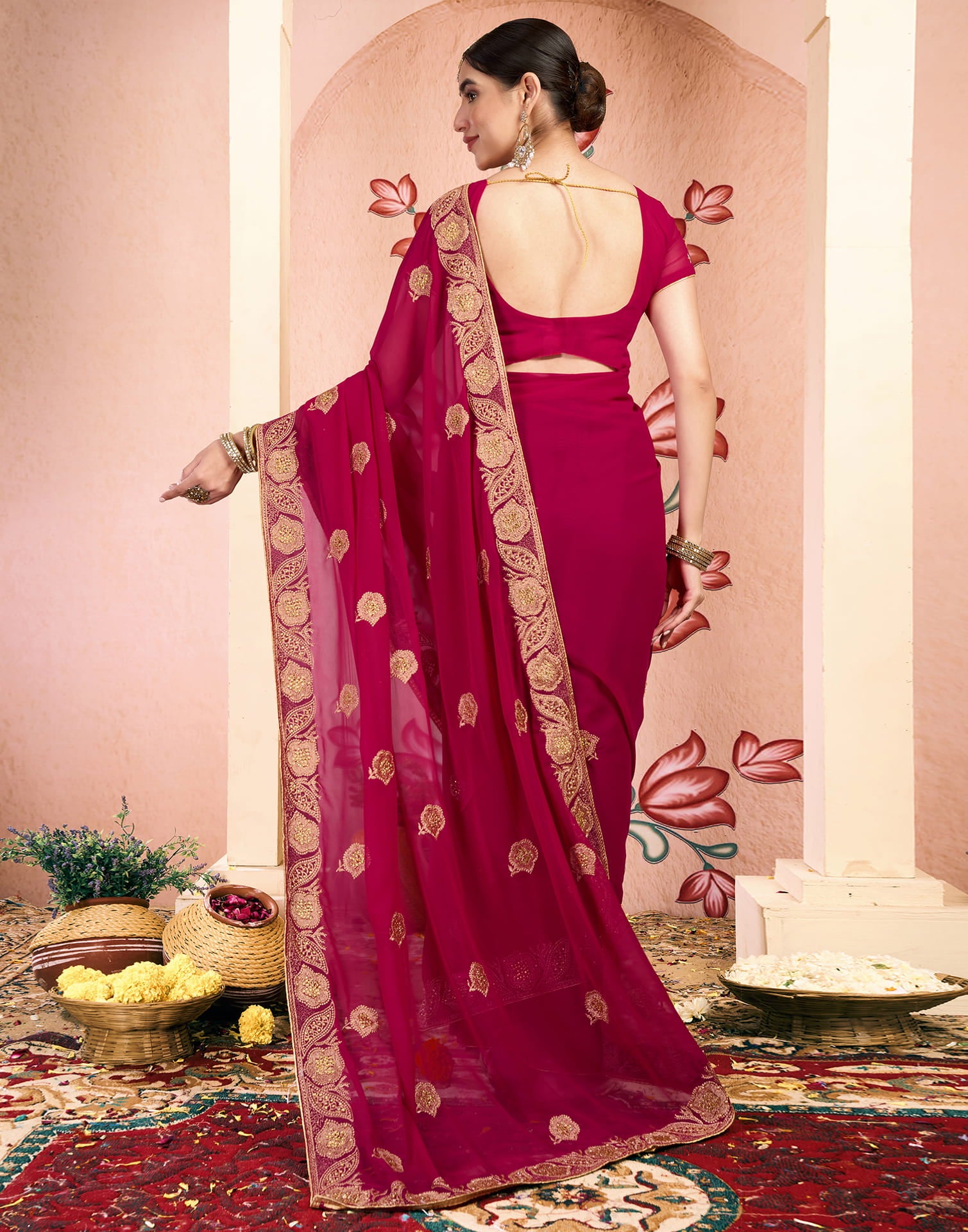 Pink Georgette Embroidery Embellished Saree