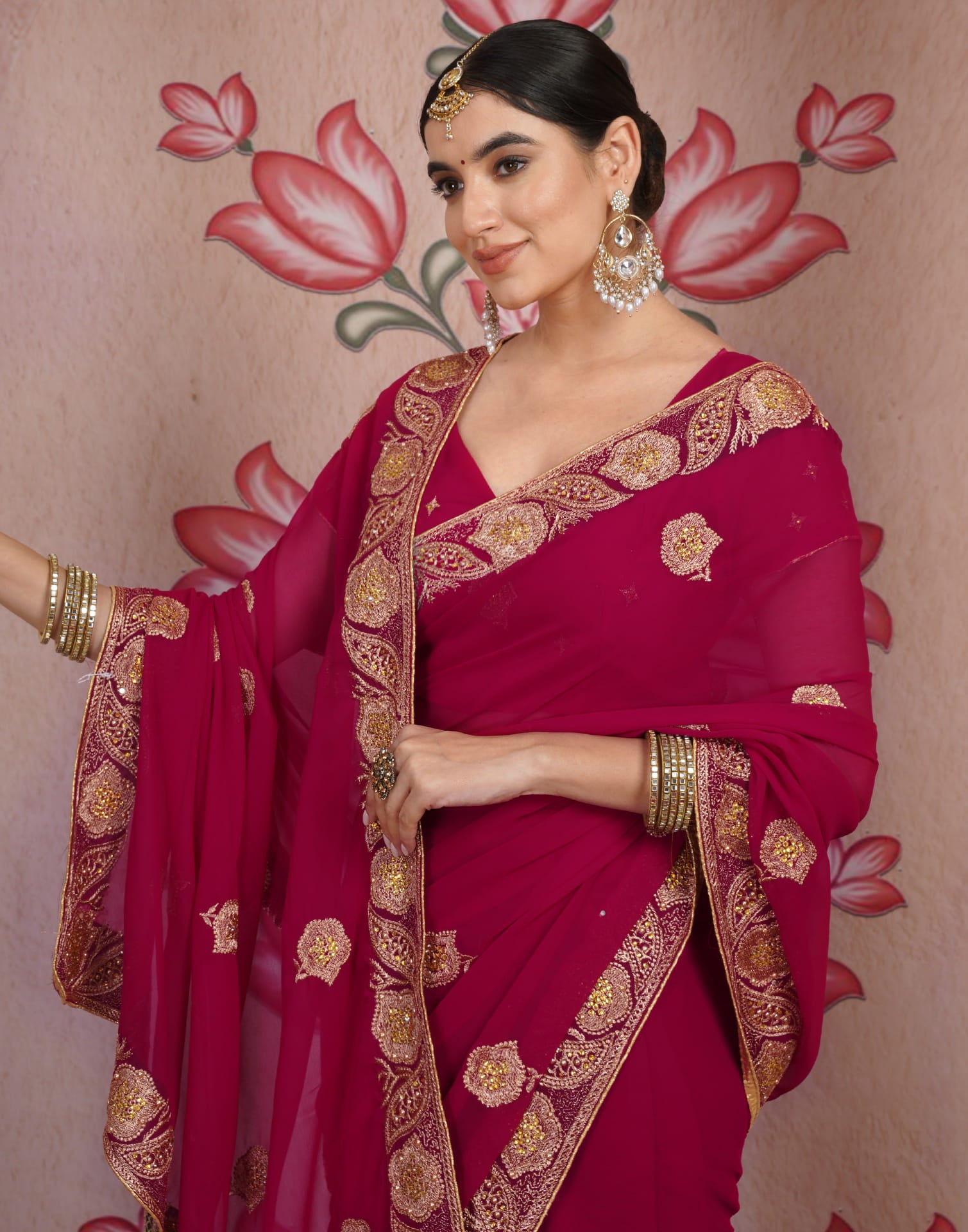 Pink Georgette Embroidery Embellished Saree