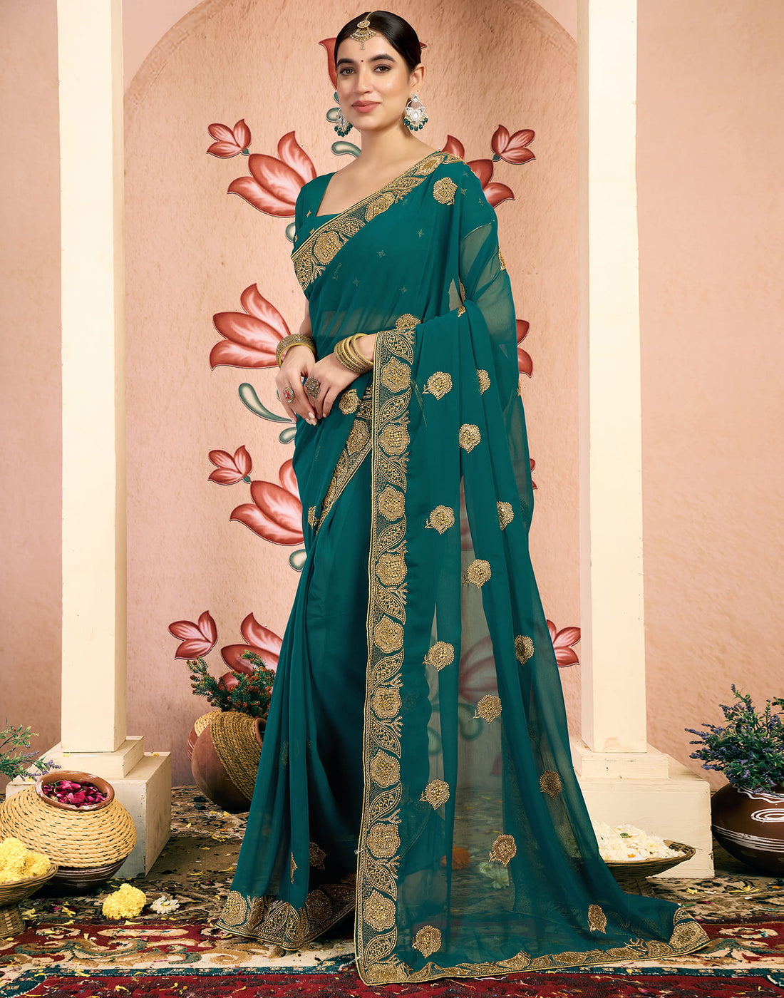 Green Georgette Embroidery Embellished Saree