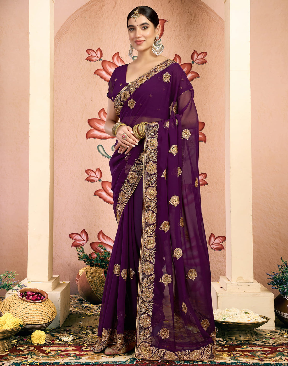 Wine Georgette Embroidery Embellished Saree