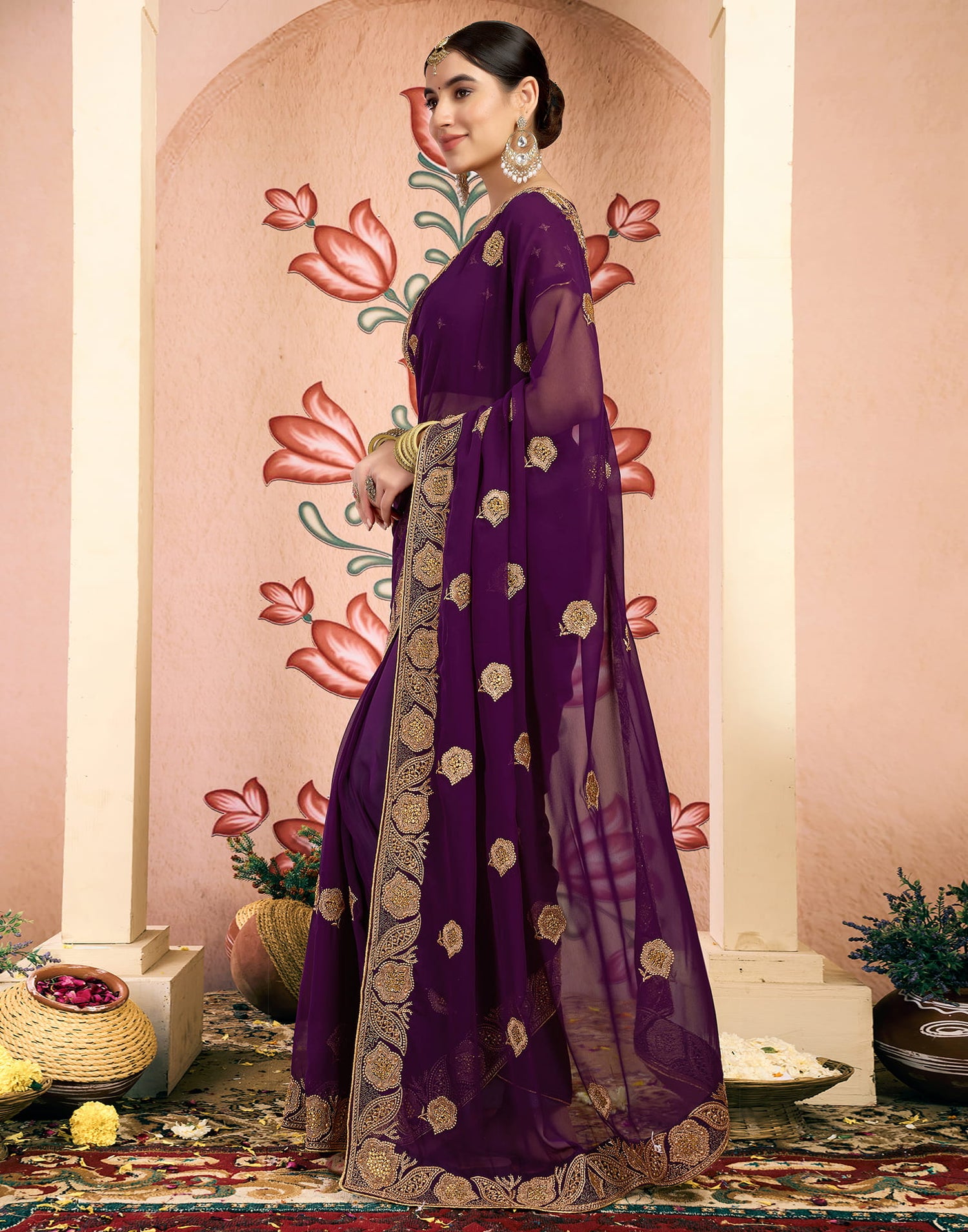 Wine Georgette Embroidery Embellished Saree